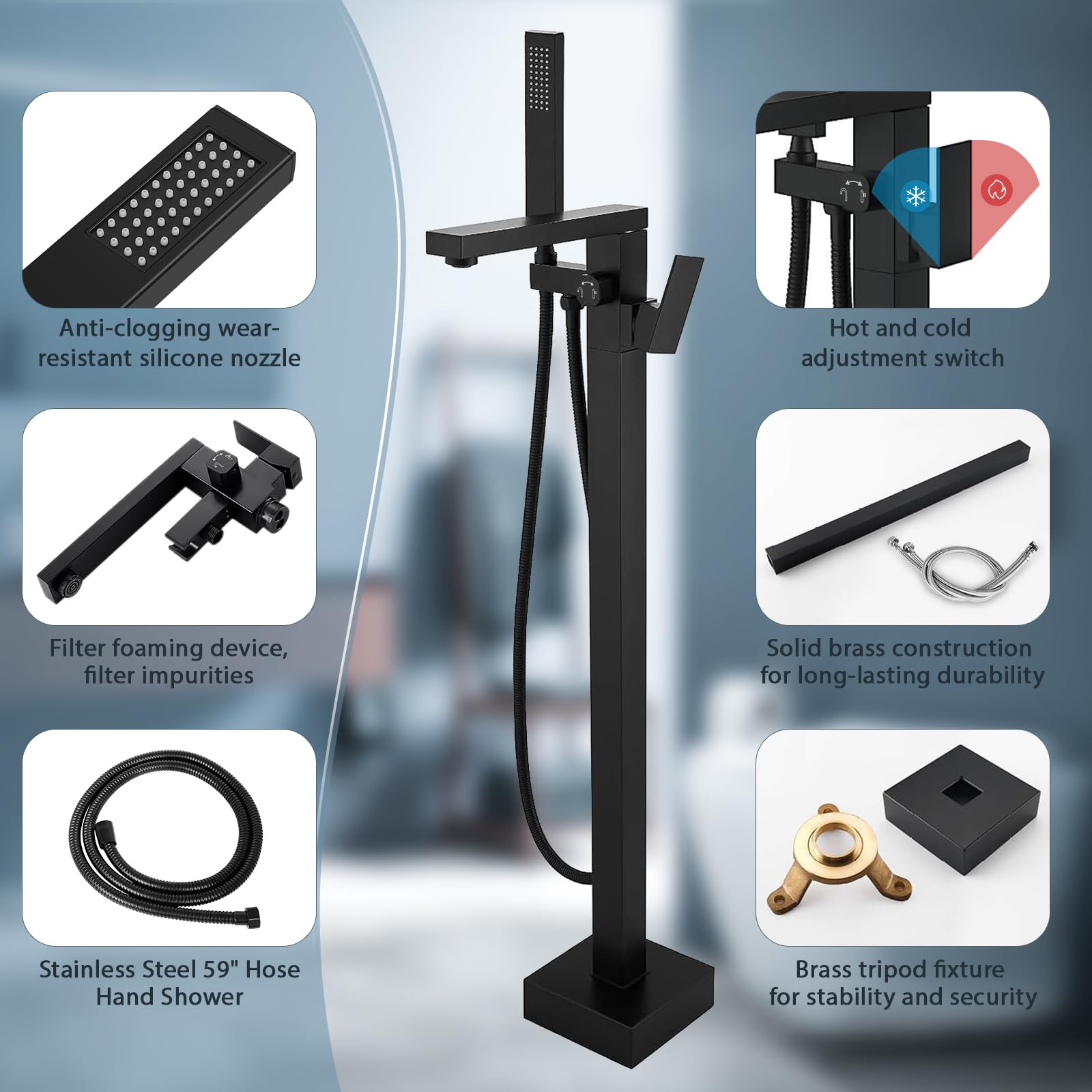 Matte Black Floor Standing Bathtub Faucet - High Flow Waterfall Freestanding Brass Tub Shower Faucet with Handheld Sprayer - Perfect for Modern Bathroom & Spa Relaxation
