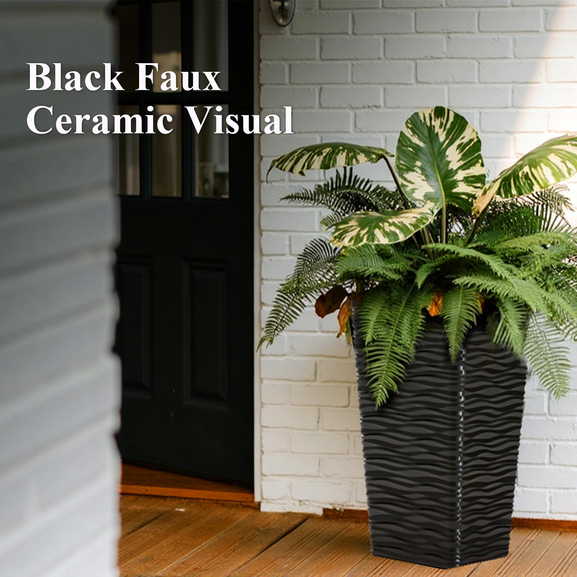 Worth Garden 2-Pack Black Tall Plastic Planter Pots - 22 Inch Square Tapered Indoor Outdoor Flower Pots with Modern Wavy Finish - Perfect for Front Porch, Patio, Deck & Garden Decor