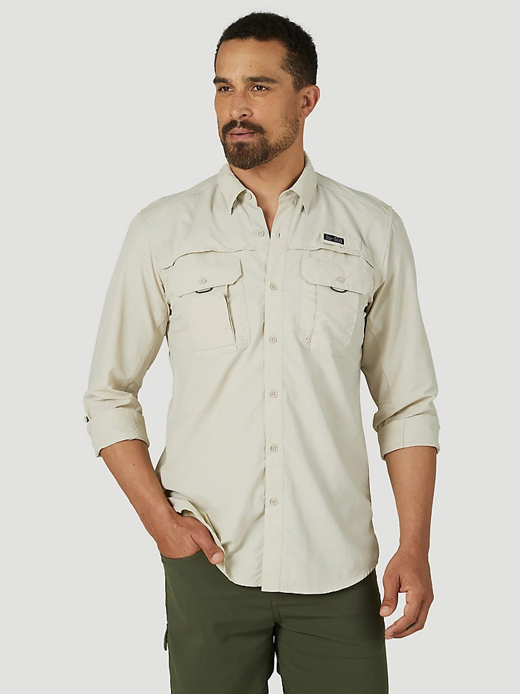 ATG By Wrangler™ Men's Angler Long Sleeve Fishing Shirt in Pelican - Comfortable UV Protection Shirt for Outdoor Fishing, Hiking & Camping