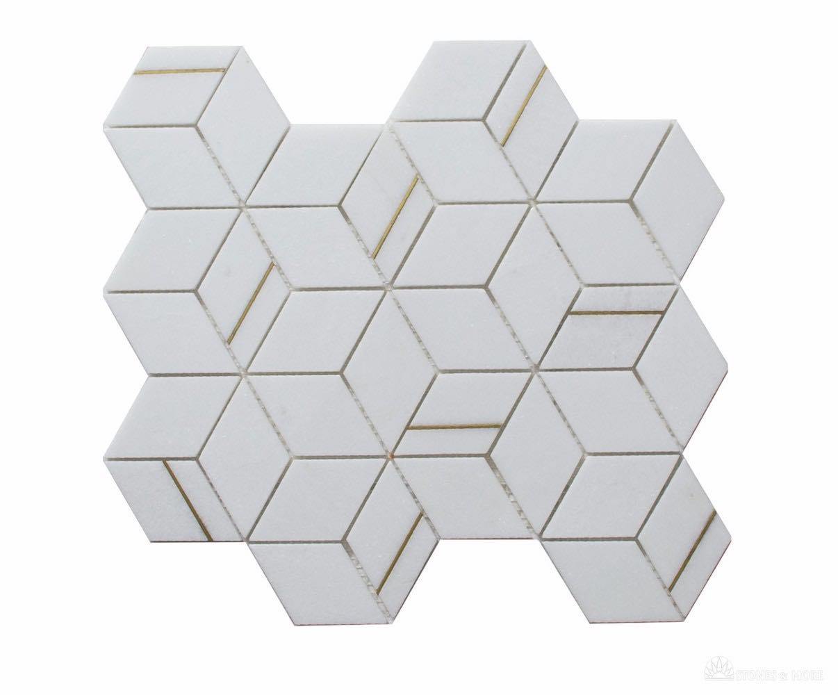 Premium Brass Gold Inlay Cubes with Thassos Tile - Elegant Mosaic for Home Decor, Bathroom & Kitchen Backsplash