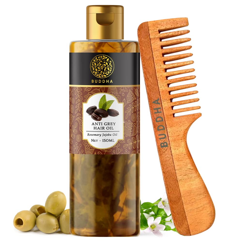 Buddha Natural Hair Oil for Early Greying & Hair Growth with Neem Comb - Ayurvedic Treatment for Premature Gray Hair & Scalp Care - Includes Ergonomic Handle Neem Wood Comb for Daily Hair Care Routine