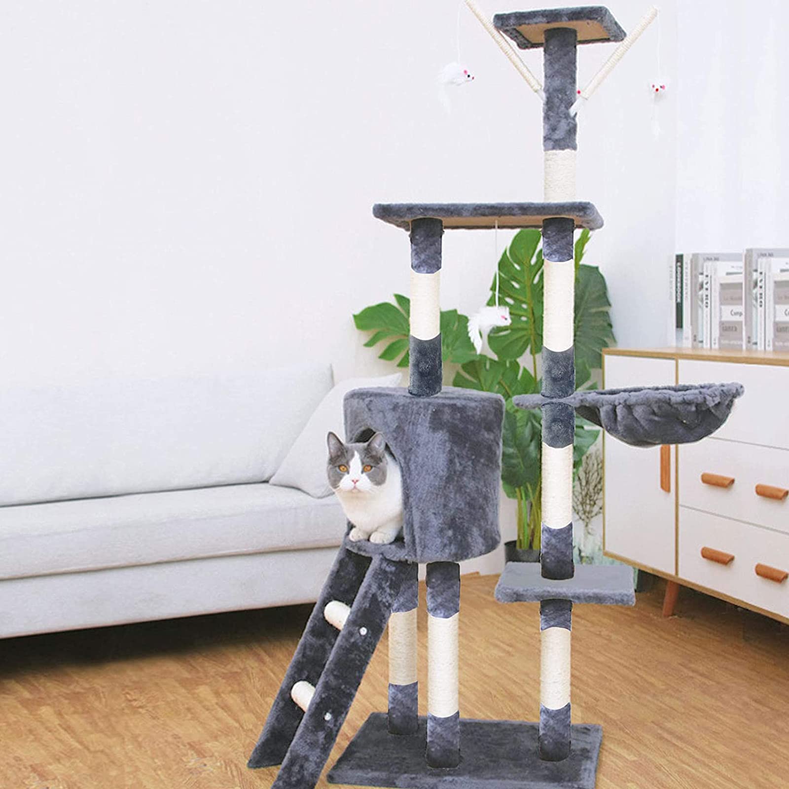 Premium Multi-Level Cat Tree with Hammock, Ladder & Scratching Posts - Indoor Cat Tower for Play & Rest - Sisal & Plush Mouse Toys Included - Perfect for Small Spaces & Active Cats