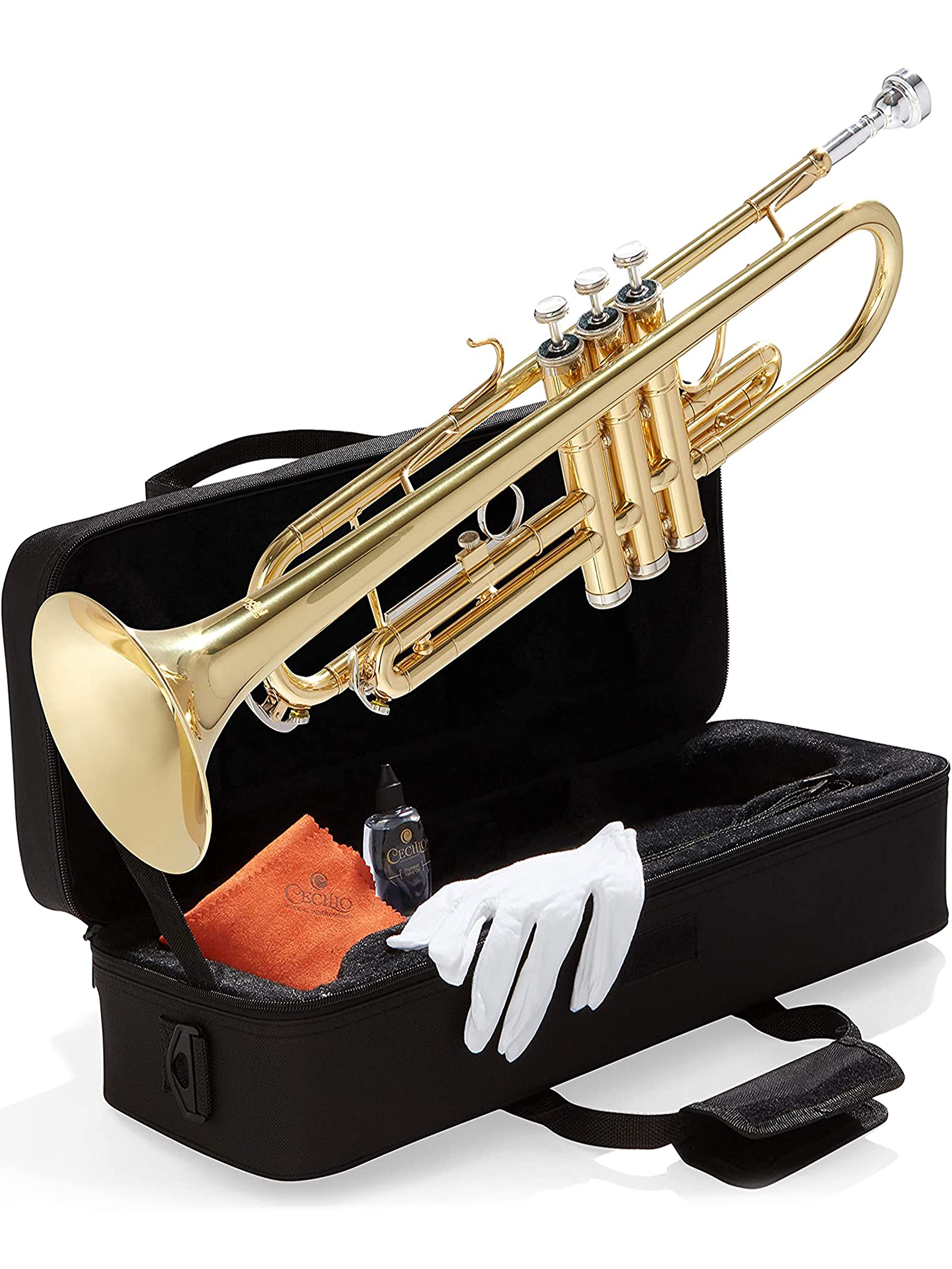 Mendini by Cecilio Bb Trumpet - Professional & Beginner Brass Instrument with Case, Cleaning Cloth, Oil & Gloves - Perfect for Students, Kids & Adults - Ideal for School Bands, Practice & Performances