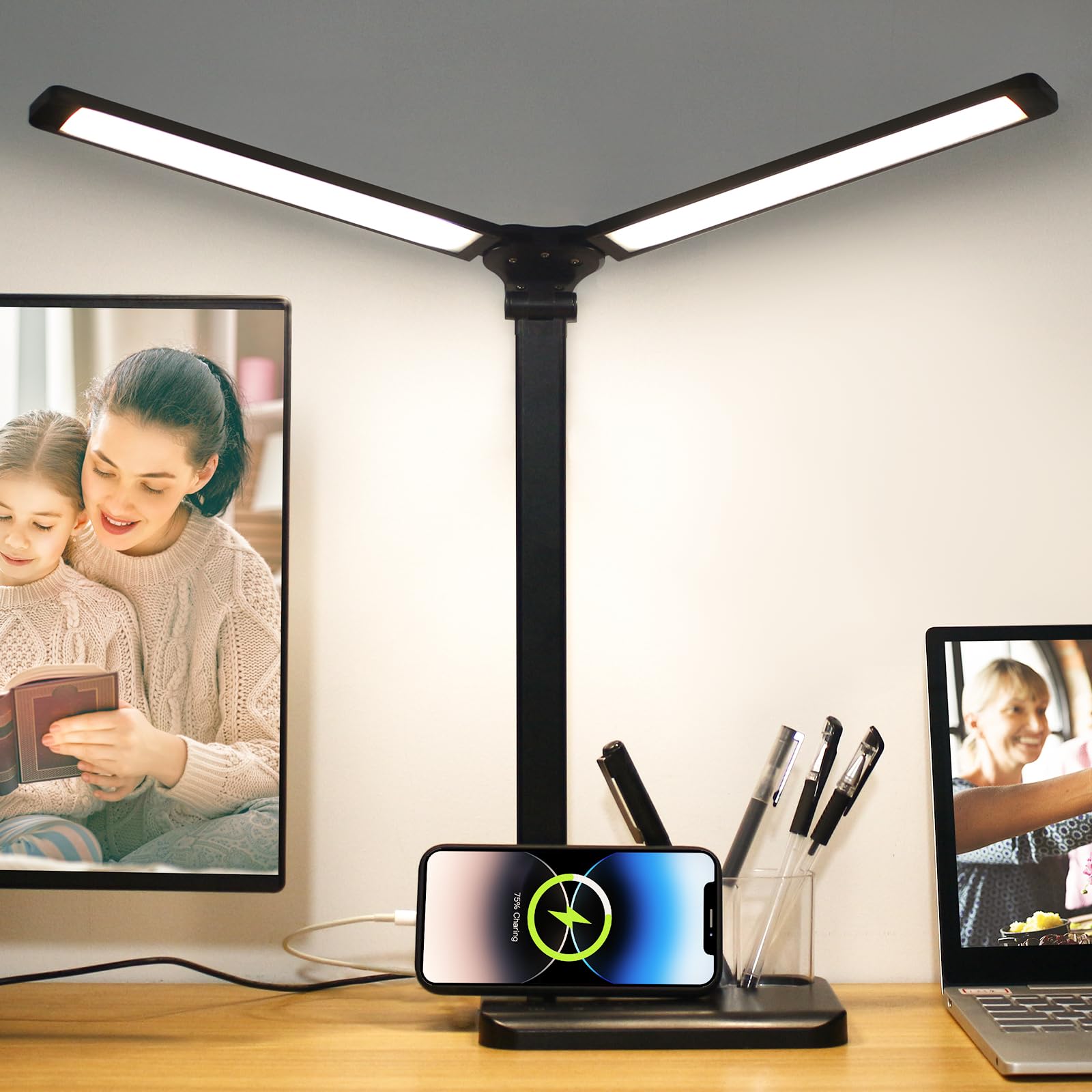 Touch Control LED Desk Lamp with 5 Color Modes & Dimmable Brightness - Adjustable Dual Swing Arm Table Light with USB Charging Port & Pen Holder - Eye-Caring Reading Lamp for Home Office, Study, Work & Gaming (Black)