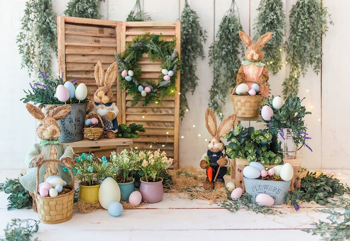 7x5ft Happy Easter Backdrop for Photography - Spring Bunny Rabbit & Colorful Eggs Rustic Party Background - Easter Photo Booth Props for Baby Showers, Church Events & Family Gatherings