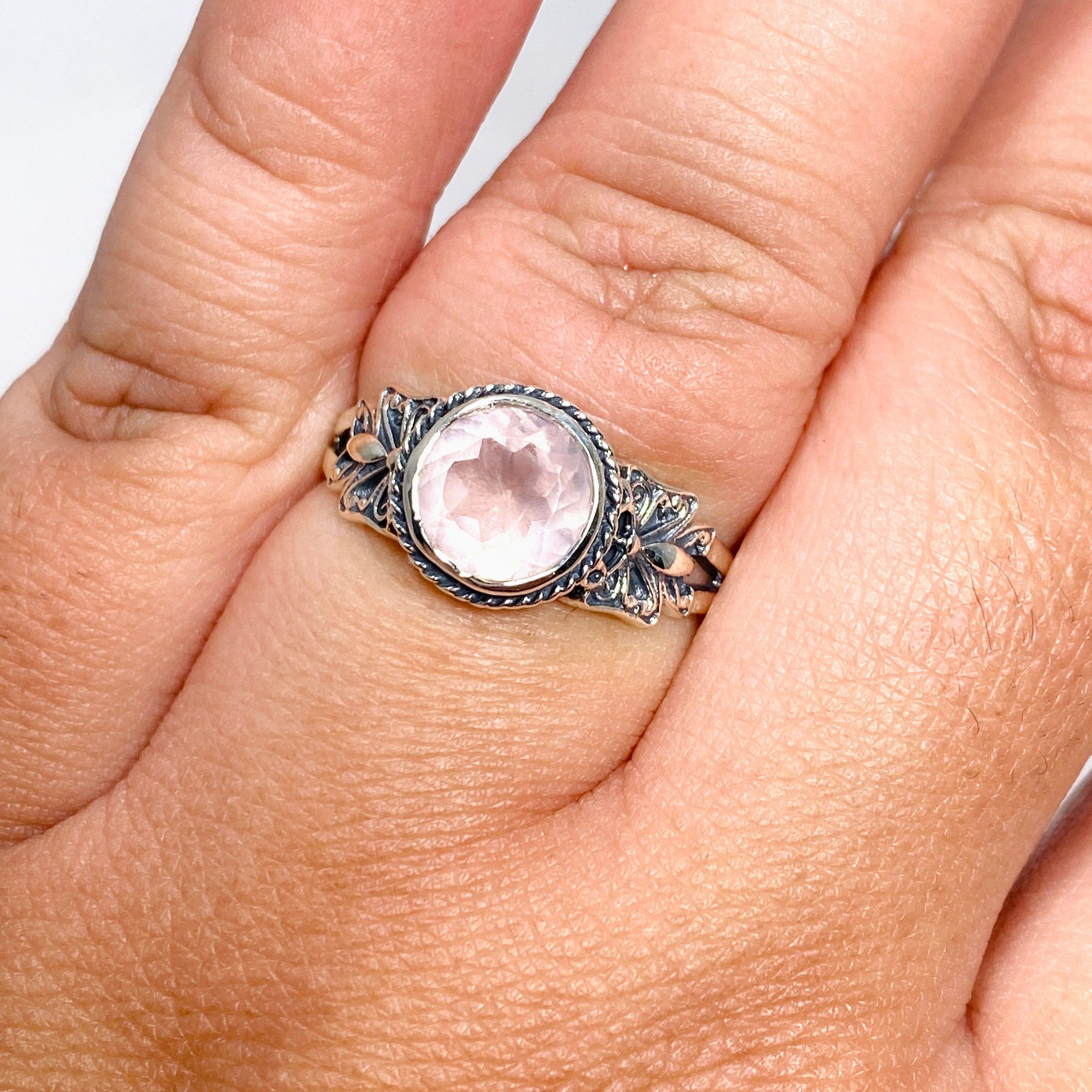Rose Quartz Faceted Round Ring in Decorative Setting R3671 - Elegant Healing Crystal Jewelry for Women, Perfect for Meditation, Gifts & Spiritual Healing