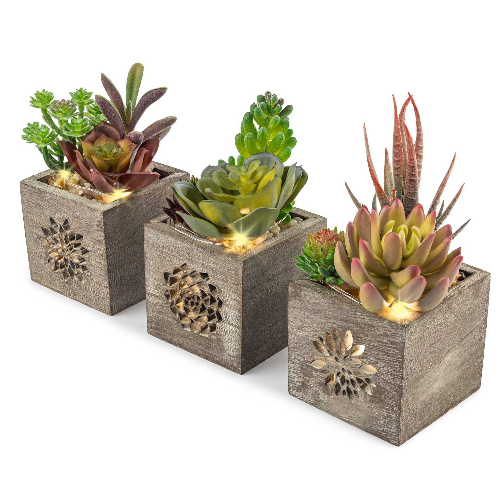 Faux Succulents in Wooden Box with Lights - Perfect for Bathroom & Bedroom Decor