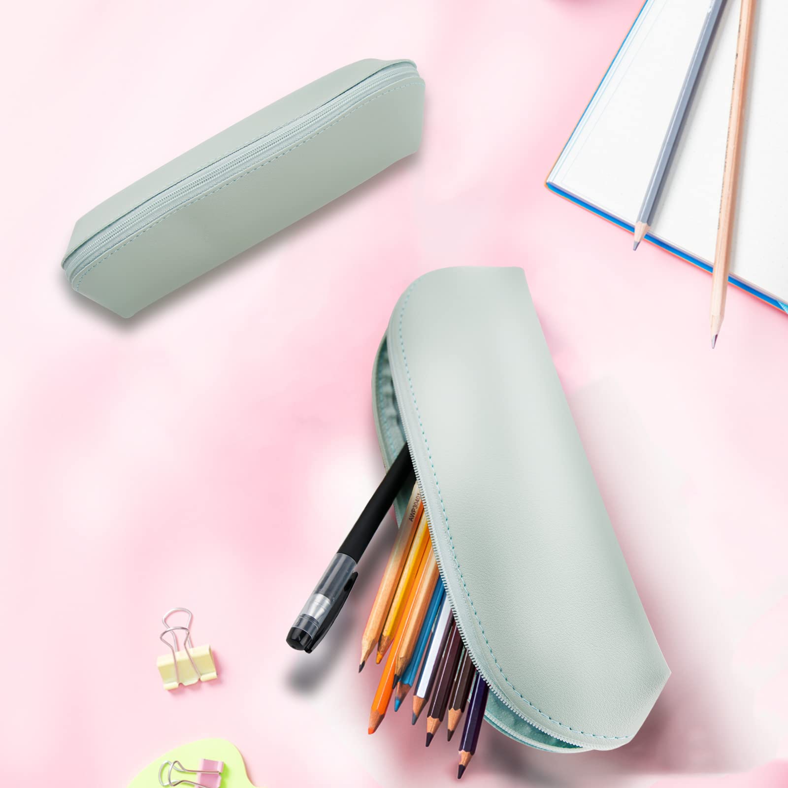 Premium Leather Zipper Pencil Case - Small Stationery Pouch for Pens, Markers, Cosmetics & Coins (Light Blue) | School, Office & Travel Organizer