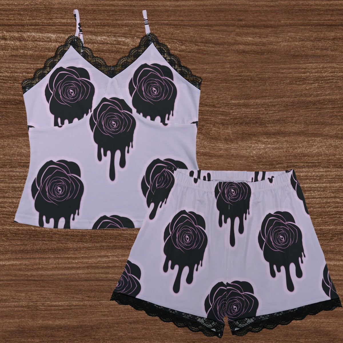 Elegant Black Rose Print Camisole & Shorts Set with Delicate Lace Trim - Perfect for Loungewear, Sleepwear & Romantic Date Nights