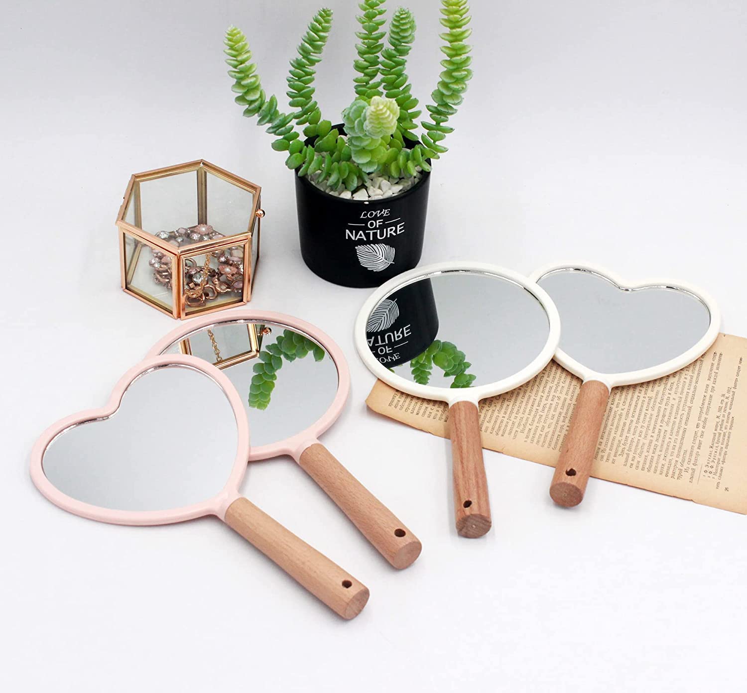 SVShoperzone Fan Shape Wooden Handle Mirror - Portable Handheld Mirror for Shaving, Makeup & Grooming - Modern Beauty Travel Mirror with Hanging Hole - Perfect for Home, Travel & Salon Use