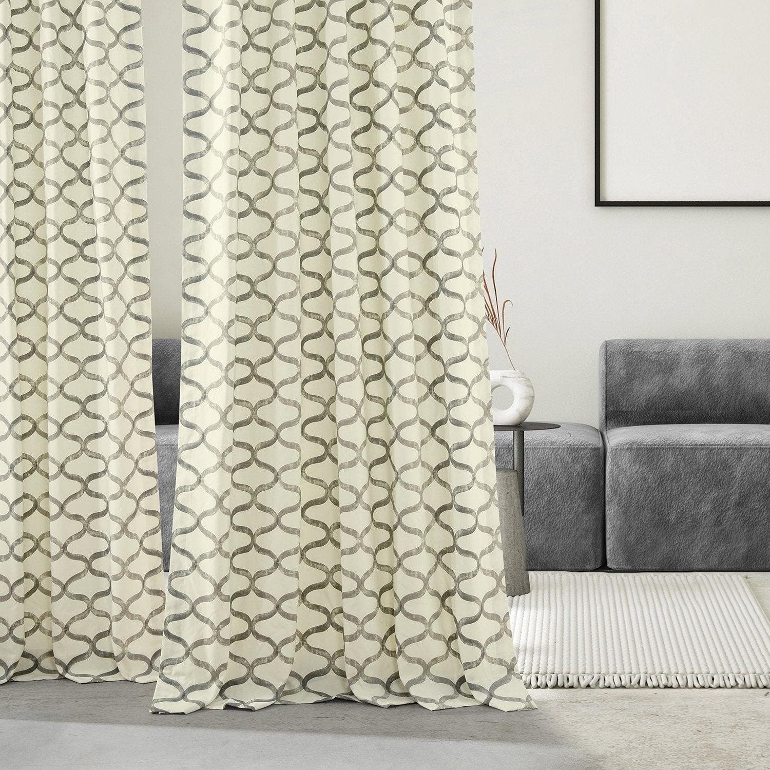Silver Grey Geometric Grommet Blackout Curtains - Modern Printed Cotton Window Drapes for Bedroom & Living Room - Light Blocking & Noise Reducing Home Decor