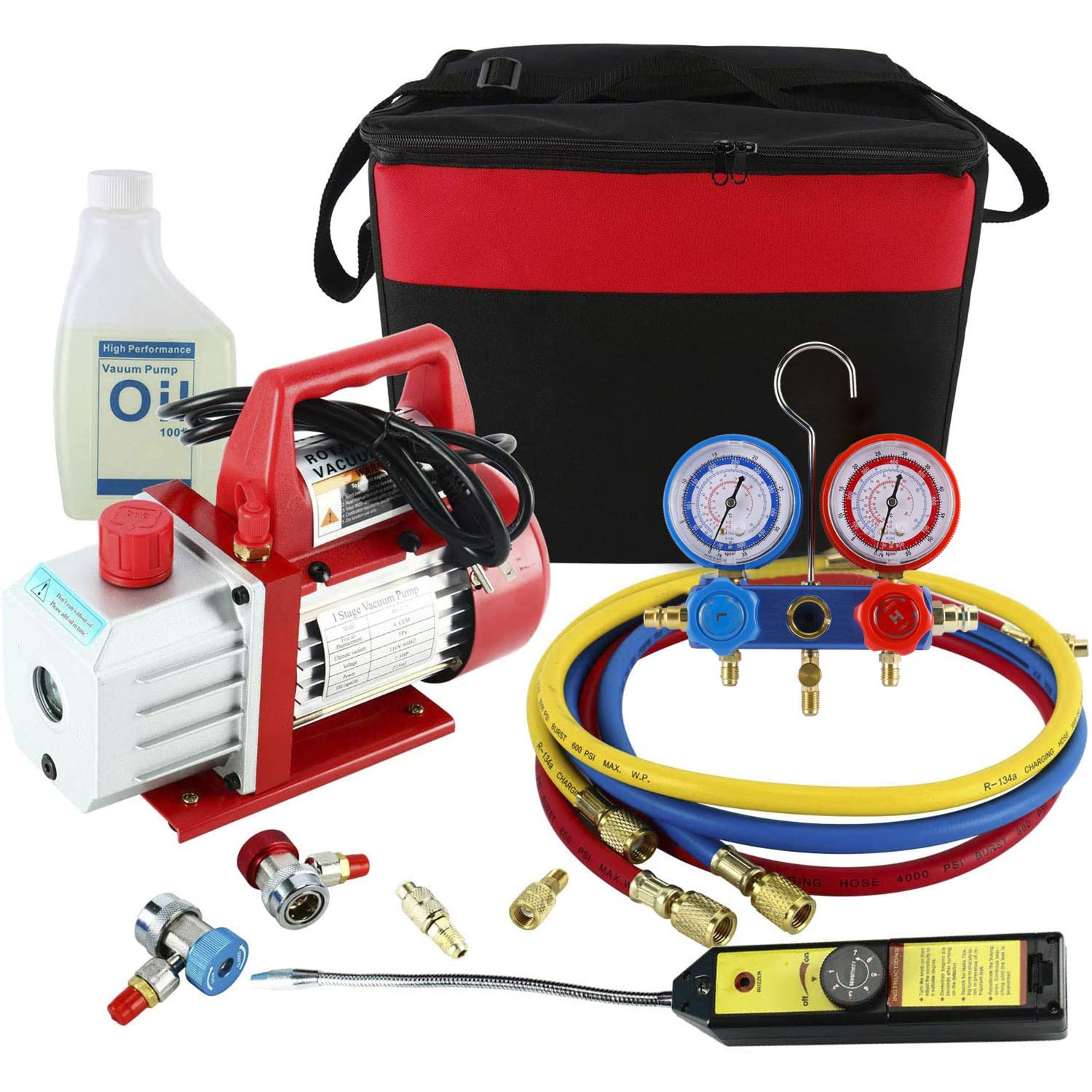 110V 4CFM 1/3HP Single Stage Rotary Vane Air Vacuum Pump - HVAC A/C Refrigeration Kit with AC Manifold Gauge Set, Leak Detector & Carrying Tote - Perfect for Automotive AC Repair, Home HVAC Maintenance and Refrigerant System Servicing