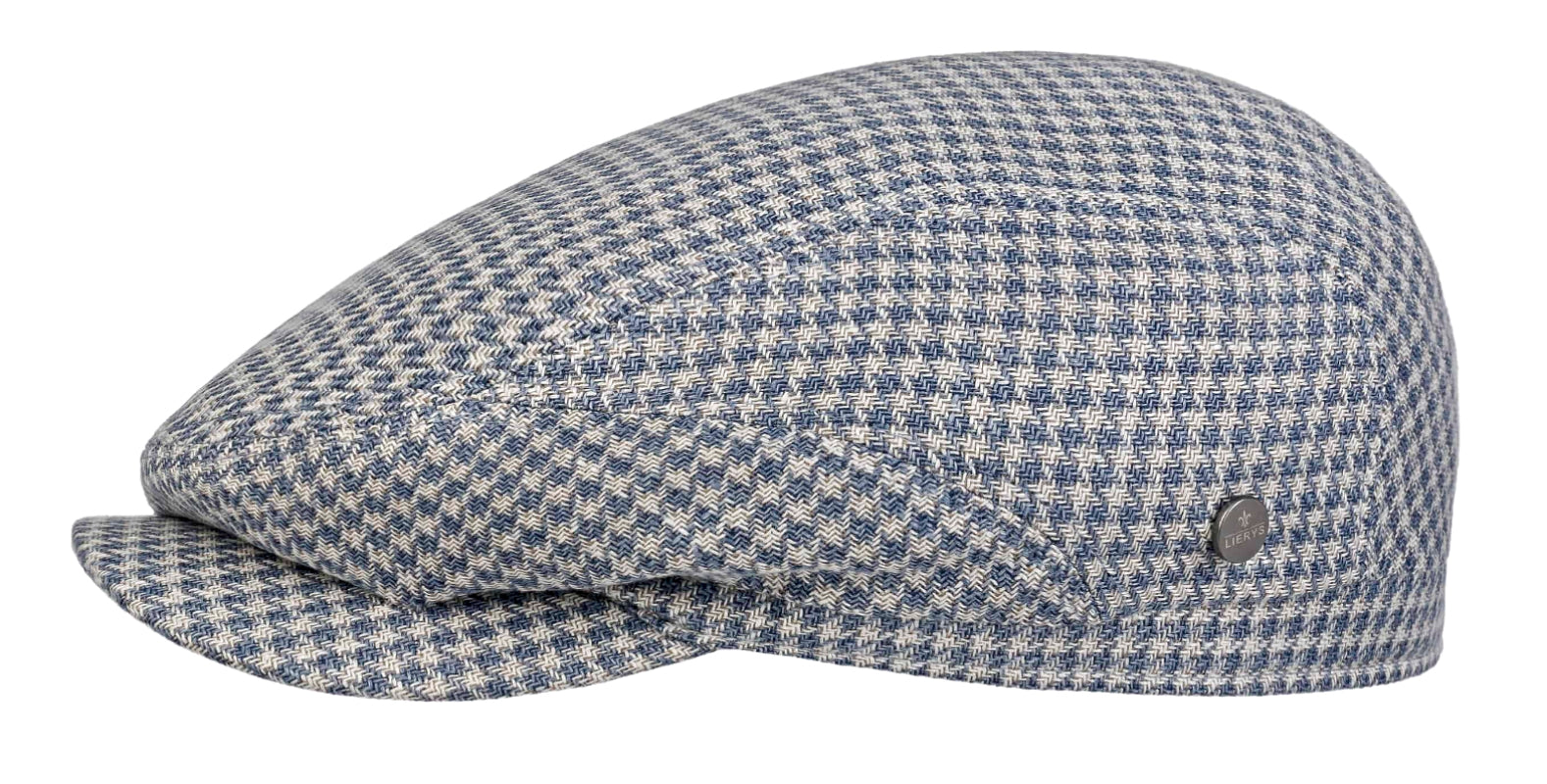 Lierys Men's Blue & Natural Houndstooth Flat Cap - Linen Silk Cotton Blend Driver Style Hat for Casual Wear & Outdoor Activities