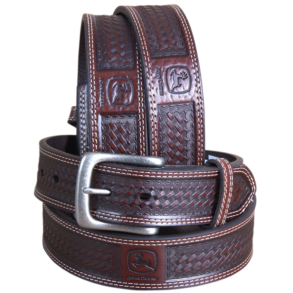 John Deere Wide Top Grain Basketweave Leather Cowboy Belt for Men - 36