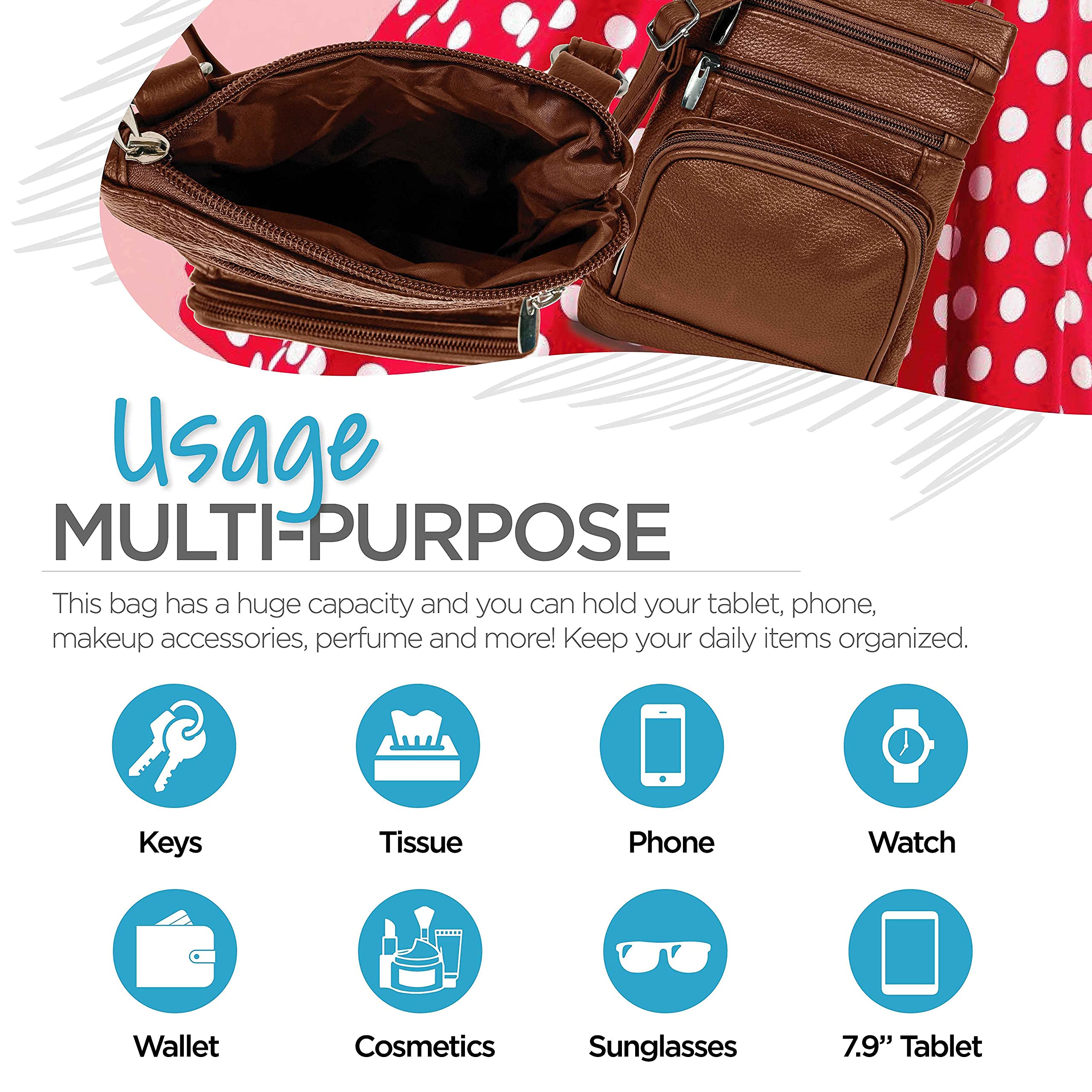 Krediz Genuine Leather Crossbody Bag for Women - Adjustable Strap, Multiple Pockets, Soft & Durable - Perfect for Travel, Shopping & Everyday Use
