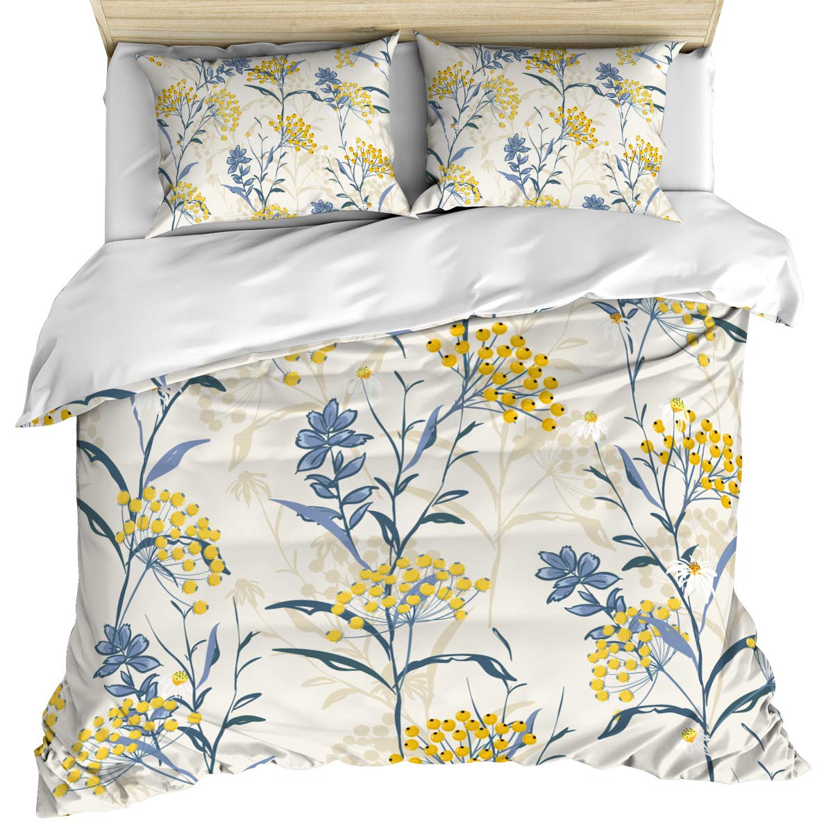 Vintage Floral Duvet Cover Set 3-Piece King Size - Yellow & Blue Ultra Soft Breathable Bedding with Corner Ties & Zipper Closure (1 Duvet Cover + 2 Pillow Shams) - Washed Cotton for Cozy Bedroom Decor & Guest Room Makeover