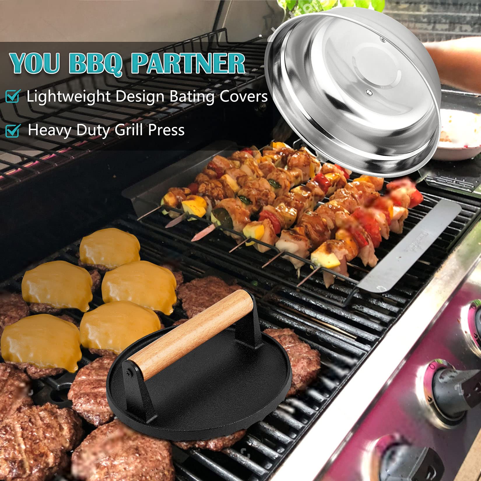 9 Inch Stainless Steel Cheese Melting Dome & Cast Iron Grill Press Kit - Joyfair Griddle Basting Cover for Burgers, Sandwiches & Flat Top Cooking | Perfect for Outdoor Camping, BBQ, Teppanyaki & Home Kitchen Use | Dishwasher Safe