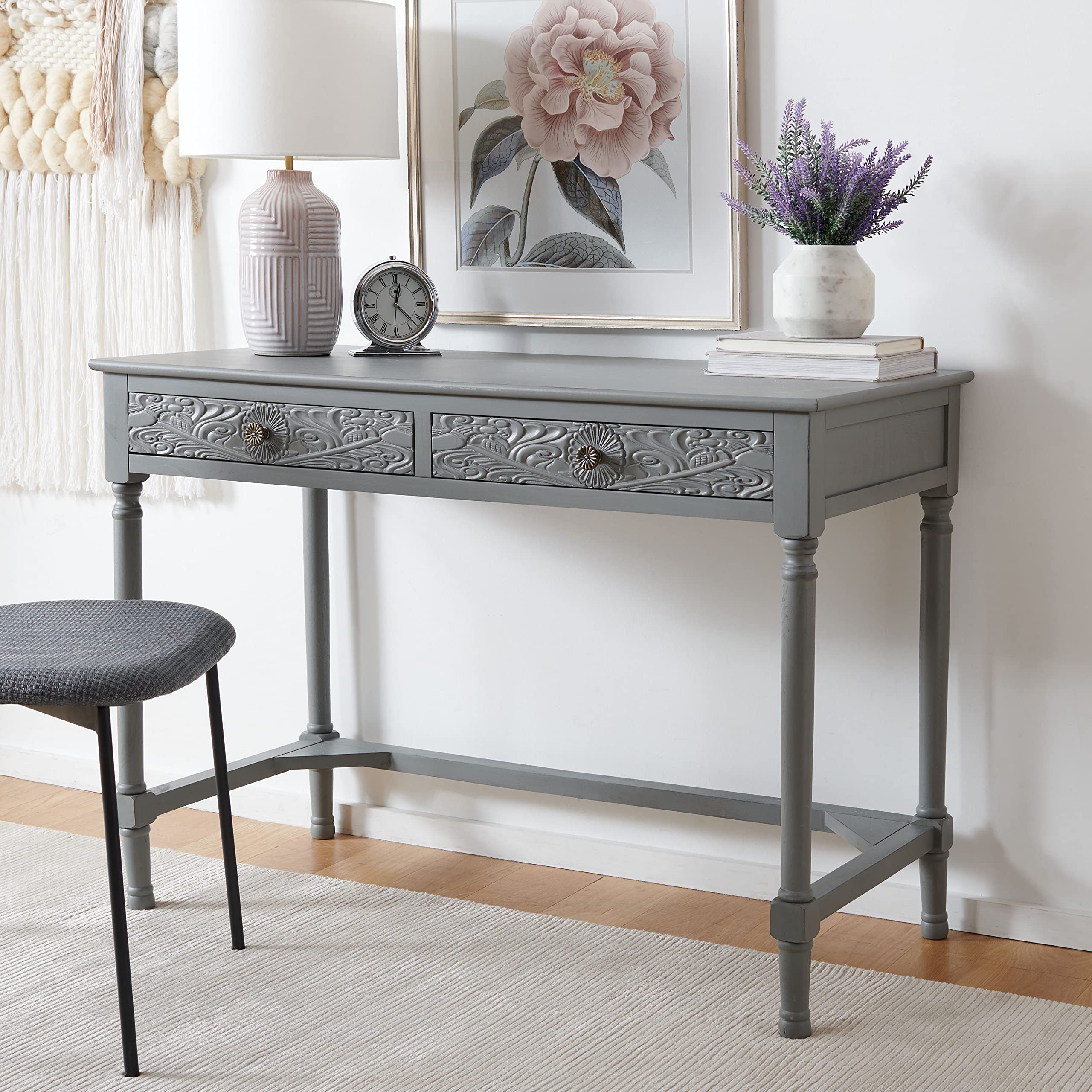 SAFAVIEH Home Collection Ryleigh Distressed Grey 2-Drawer Computer Desk - Modern Office Writing Table for Home & Workspace