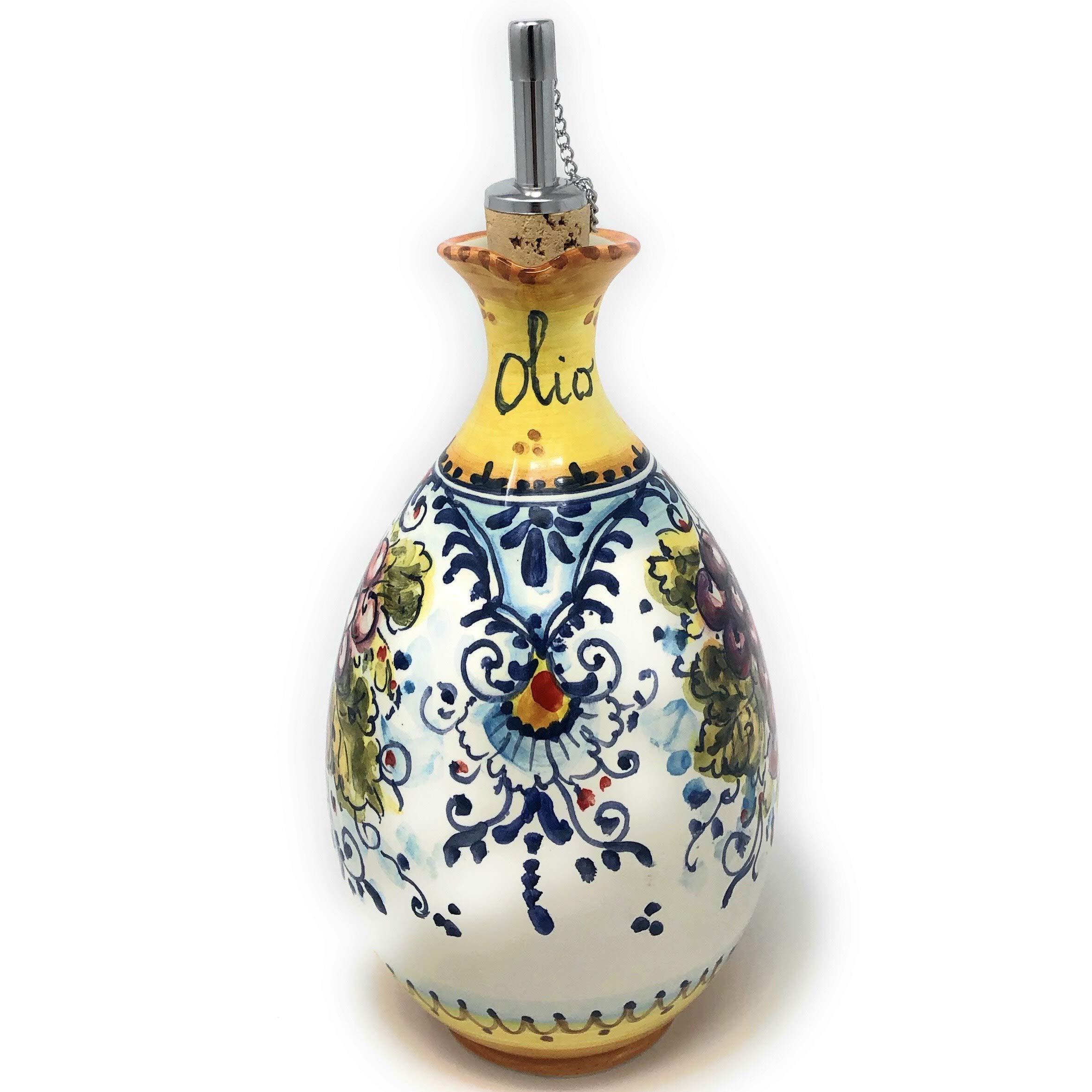 Hand-Painted Italian Ceramic Oil Cruet Dispenser - Tuscan Montalcino Art Pottery - Made in Italy - Perfect for Kitchen, Dining Table & Gift Giving