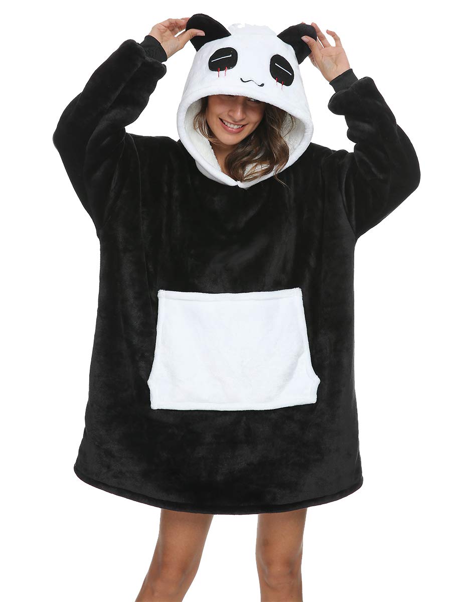 Panda Wearable Blanket Hoodie - Oversized Sherpa Fleece Hooded Sweatshirt with Sleeves | Cozy Loungewear for Home, Camping & Outdoor Activities