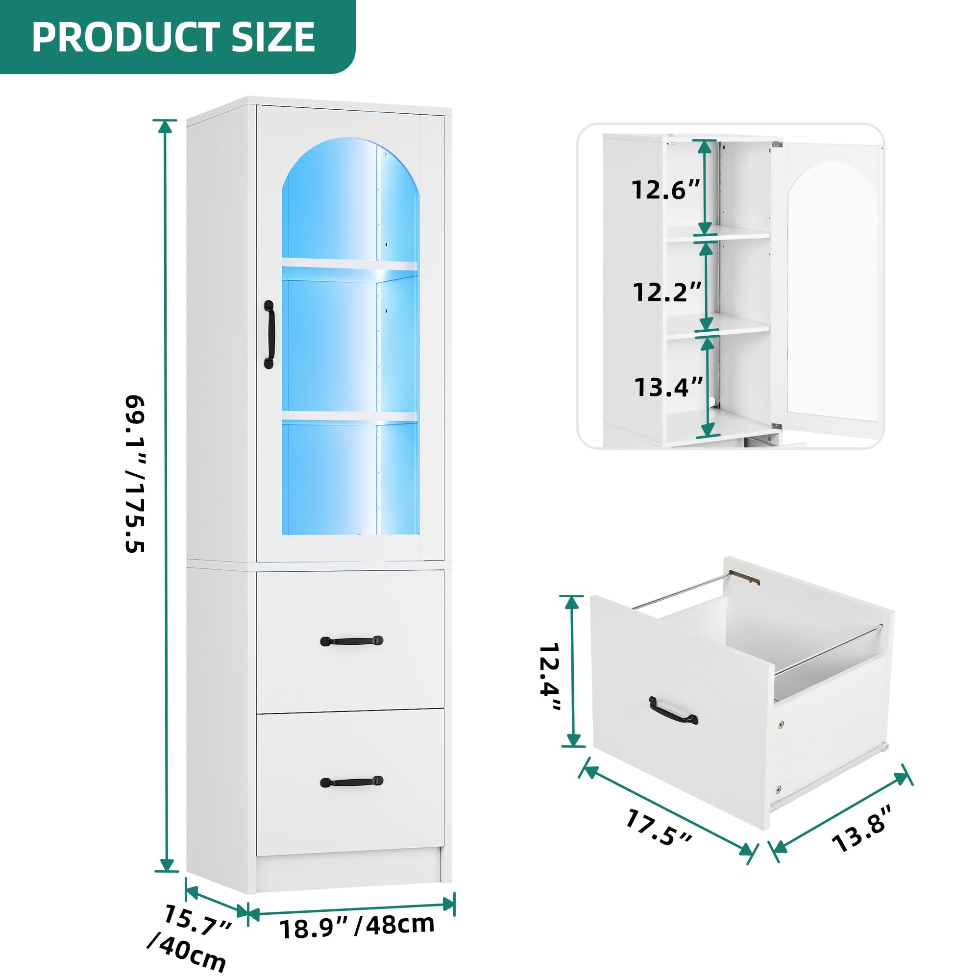 YITAHOME 2-Drawer File Cabinet with Bookshelf & Glass Doors - LED Light, Printer Stand & Storage Shelf - Wood Home Office Cabinet Fits Letter, Legal & A4 Size (White) - Perfect for Organizing Documents & Office Supplies in Small Spaces