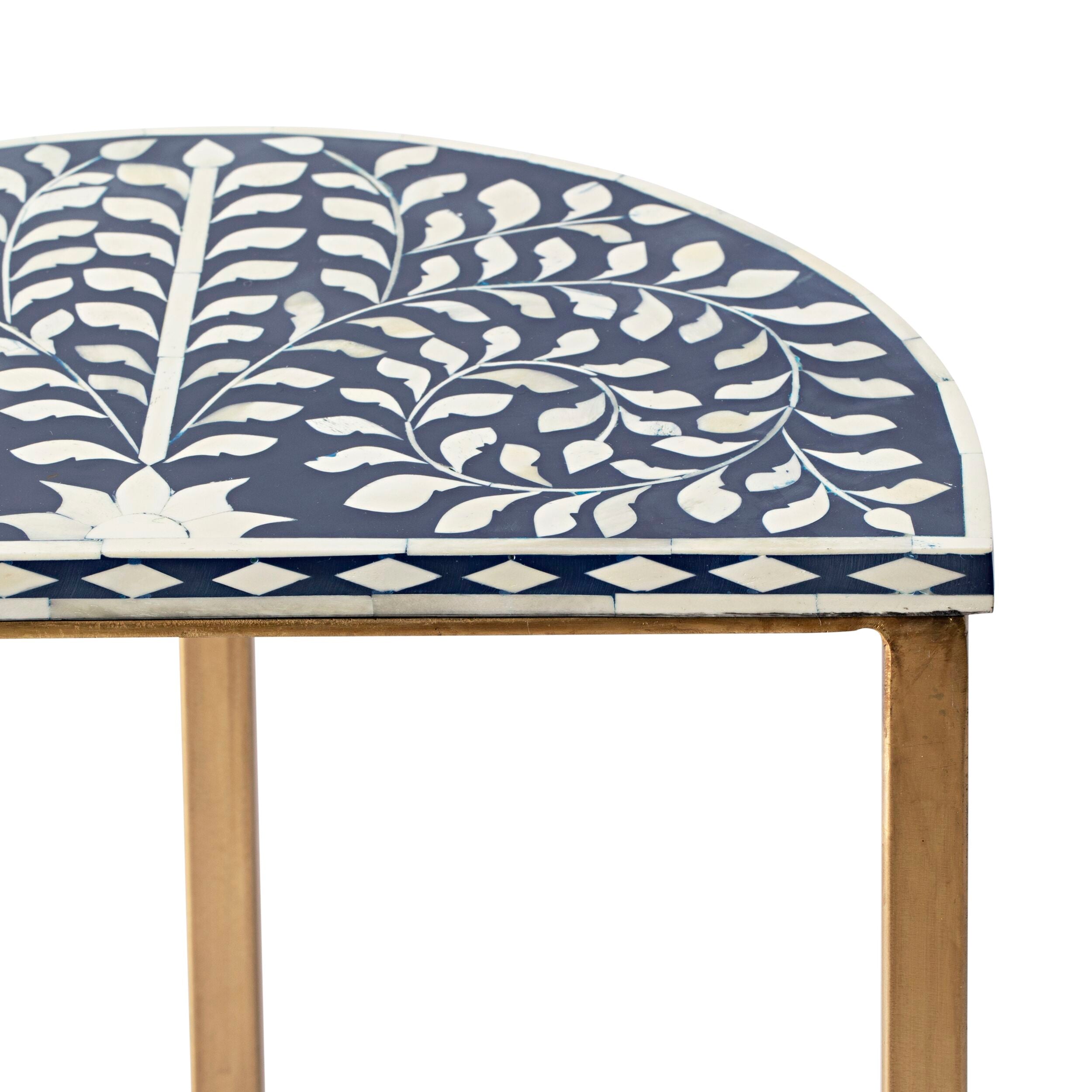 Exquisite Blue and Gold Bone Inlay Half Moon Side Table - 44cm Handcrafted Accent Table for Living Room, Bedroom, or Entryway Decor