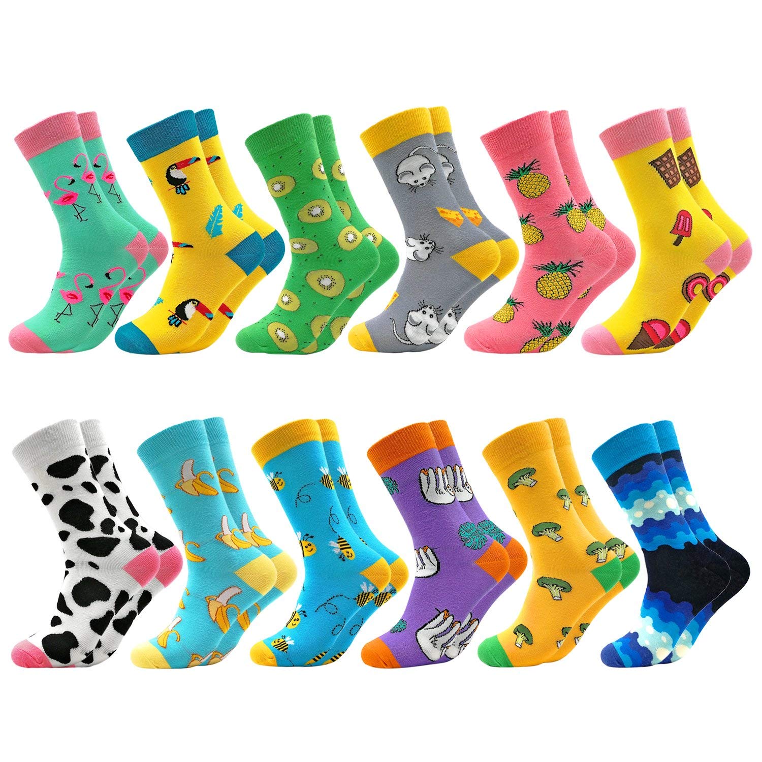 Vibrant Colorful Funky Patterned Crew Socks - Soft Combed Cotton Happy Socks 6-Pack for Women & Men - Perfect for Casual Wear, Gifts, and Fun Outfits