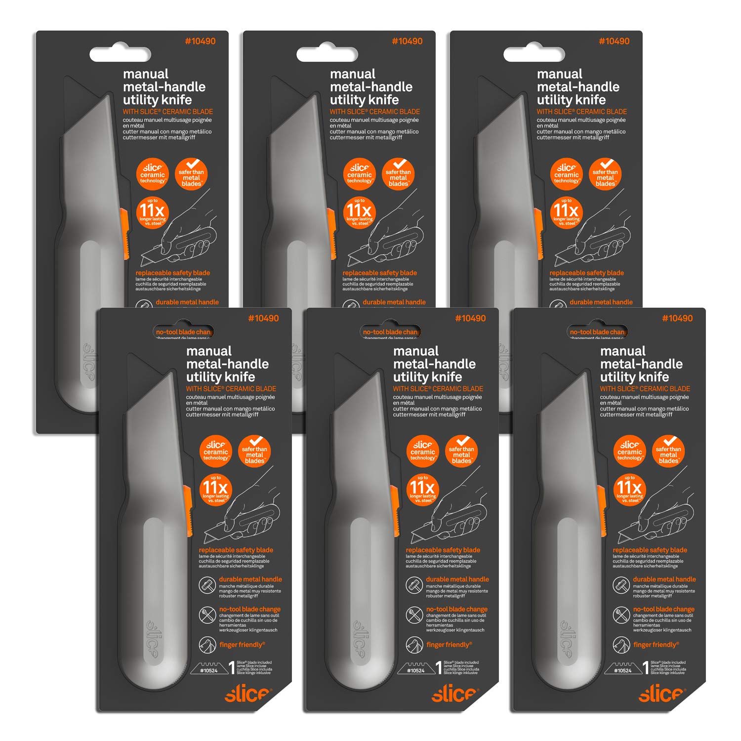 Slice 10490 Metal-Handle Utility Knife with Finger-Friendly Ceramic Blade - 3 Adjustable Cutting Depths, Ergonomic Heavy Metal Handle, Comfort Grip, Extra Blade Storage, Ambidextrous Design, Easy Blade Change (6-Pack) - Perfect for Office, Warehouse, Crafting & DIY Projects