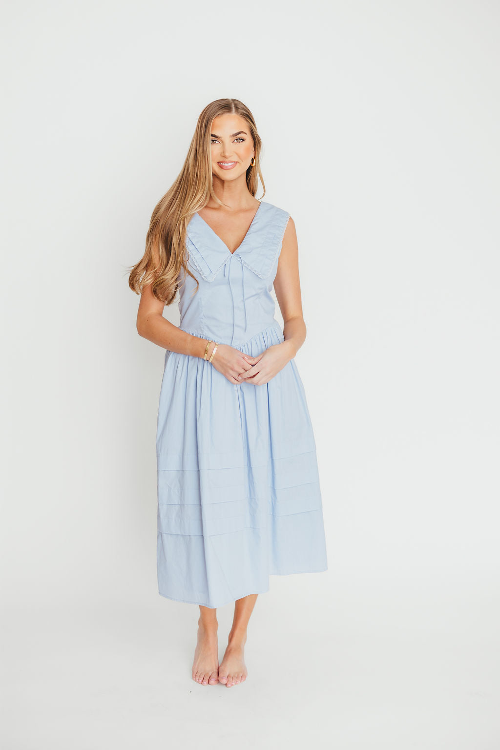 Sailor-Inspired 100% Cotton Collared Midi Dress - Navy Blue Floral Print Women's Summer Dress for Beach Vacation & Casual Outings