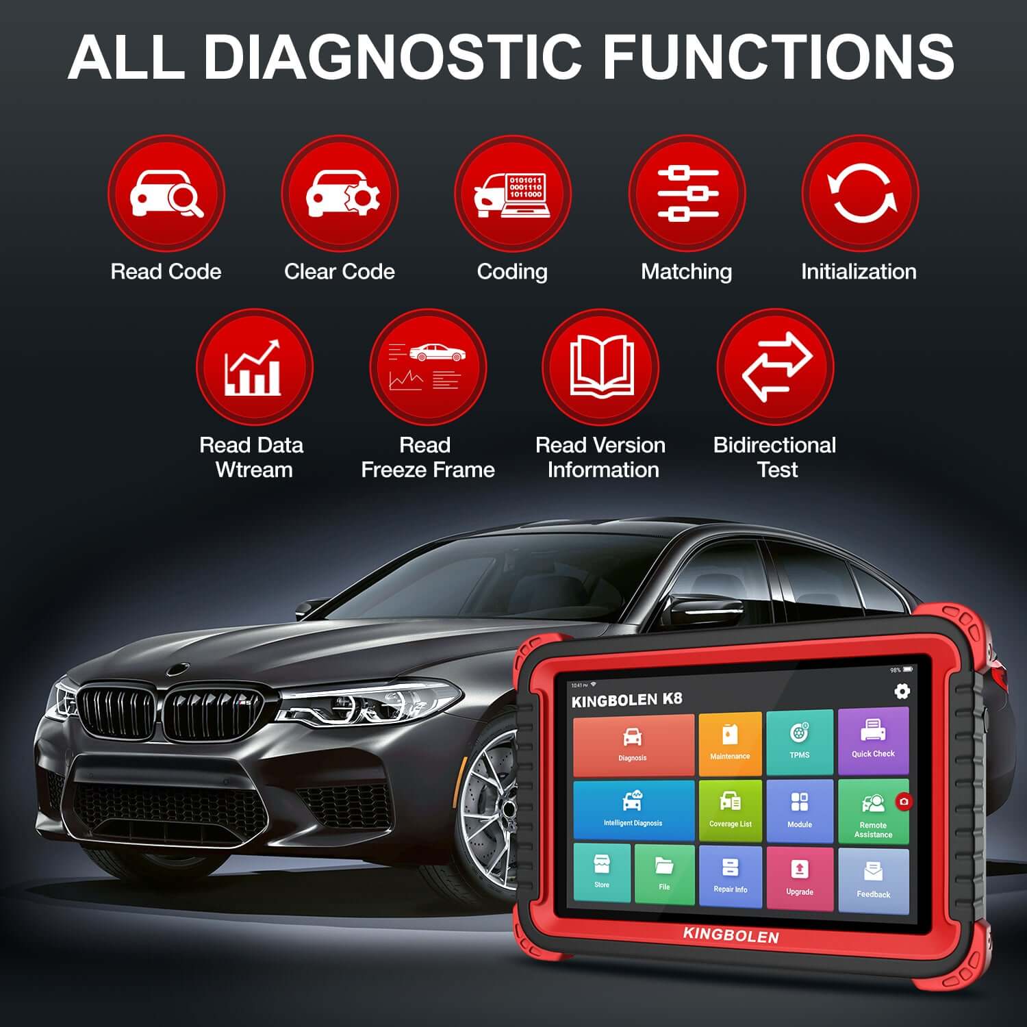 KINGBOLEN K8 Full System ECU Coding Bi-Directional OBD2 Scanner - 2 Years Free Updates | Car Diagnostic Tool for Mechanics & DIY Auto Repair