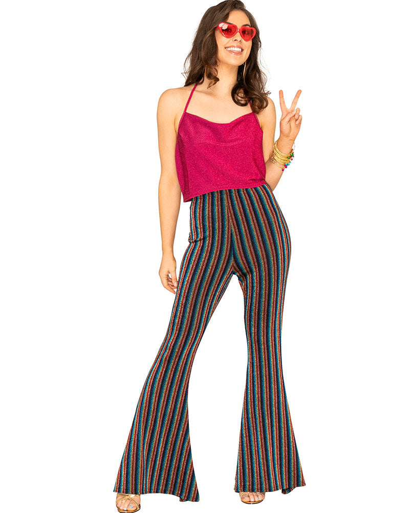 70s Rainbow Sparkle Disco Fever Women's Flare Pants - Retro High Waisted Bell Bottom Jeans for Dance Parties & 70s Theme Events
