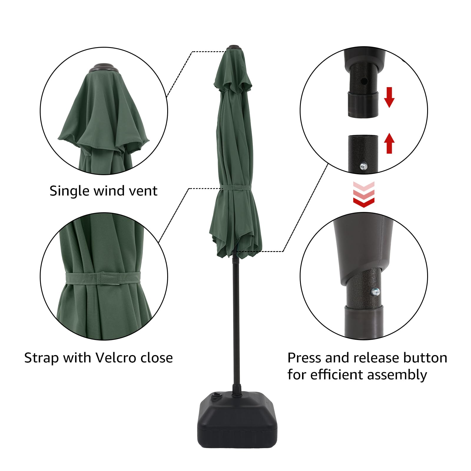 COBANA 7.5ft Outdoor Patio Umbrella with Heavy Duty Sand-Filled Base - Dark Green Market Umbrella for Garden, Poolside, Restaurant & Backyard Dining