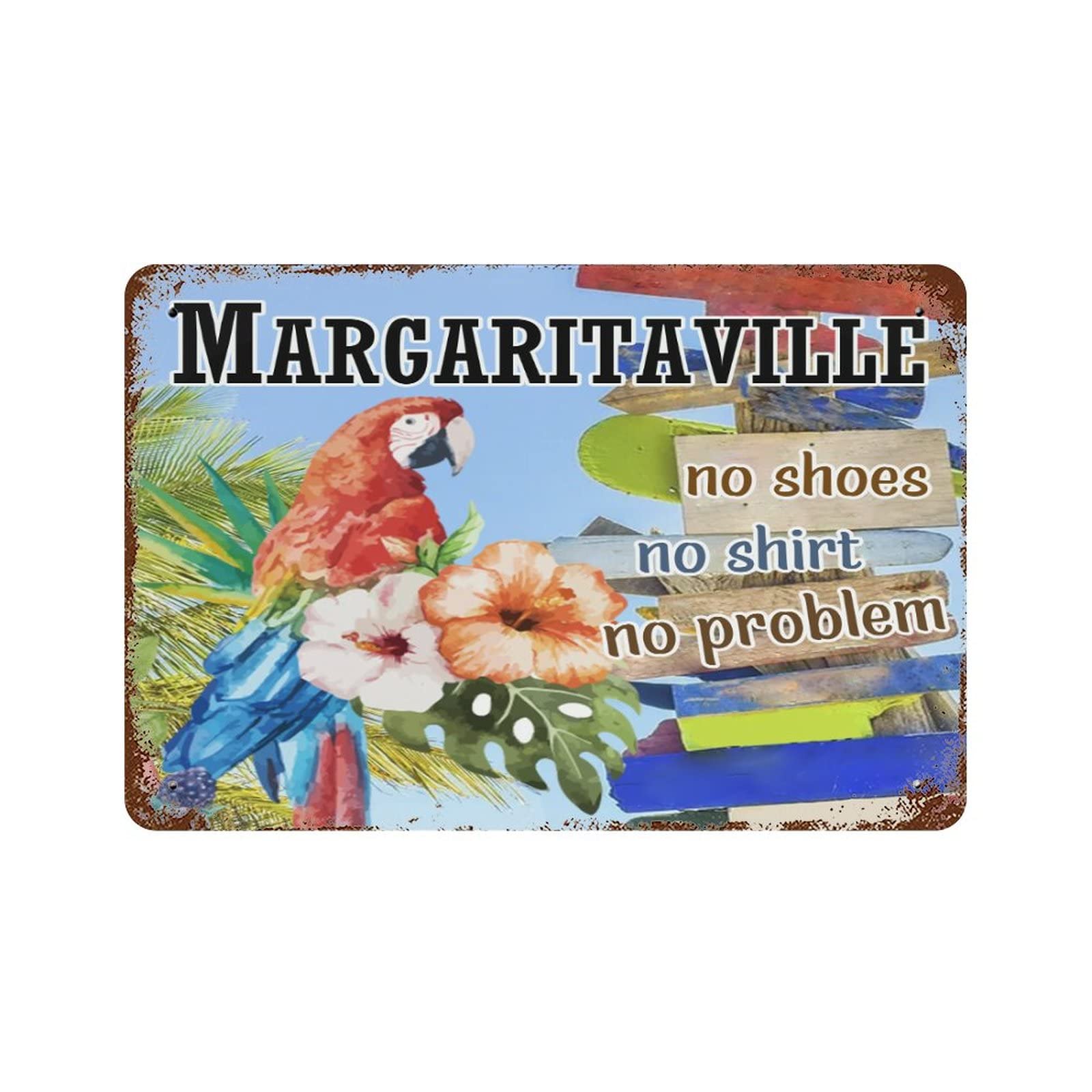 Vintage Tin Signs for Outdoor & Indoor Decor - 8x12 Inch Funny Parrot Flowers Leaves Wall Art, Perfect for Tiki Bars, Patios, and Man Caves - No Shoes No Shirt No Problem Retro Metal Sign