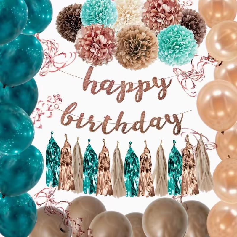 Elegant Green & Pink Birthday Party Decorations Set - Happy Birthday Banner, Paper Pompoms, Balloons, Hanging Swirls & Tassels for Women's 13th 16th 18th 20th 30th 40th 50th Birthday - Perfect for Indoor/Outdoor Celebrations & Photo Backdrops