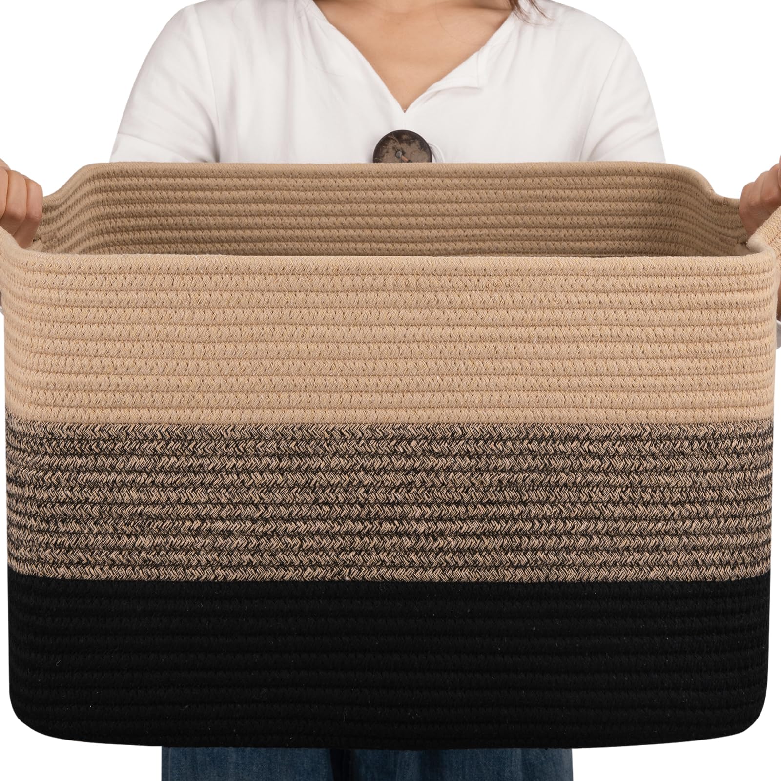 OIAHOMY Cotton Rope Storage Basket - 17.7”x13.8”x11” Rectangle Woven Organizer with Handle for Nursery Blankets, Living Room Toys & Home Organization (Yellow & Black) | Perfect for Baby Rooms, Closet Storage & Decorative Home Décor