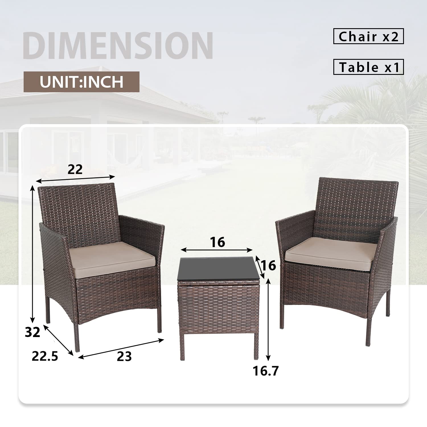 3-Piece Outdoor Wicker Bistro Set - Patio Conversation Furniture with 2 PE Rattan Chairs, 2 Cushions & Coffee Table - Perfect for Garden, Yard, Porch or Balcony Relaxation & Entertaining