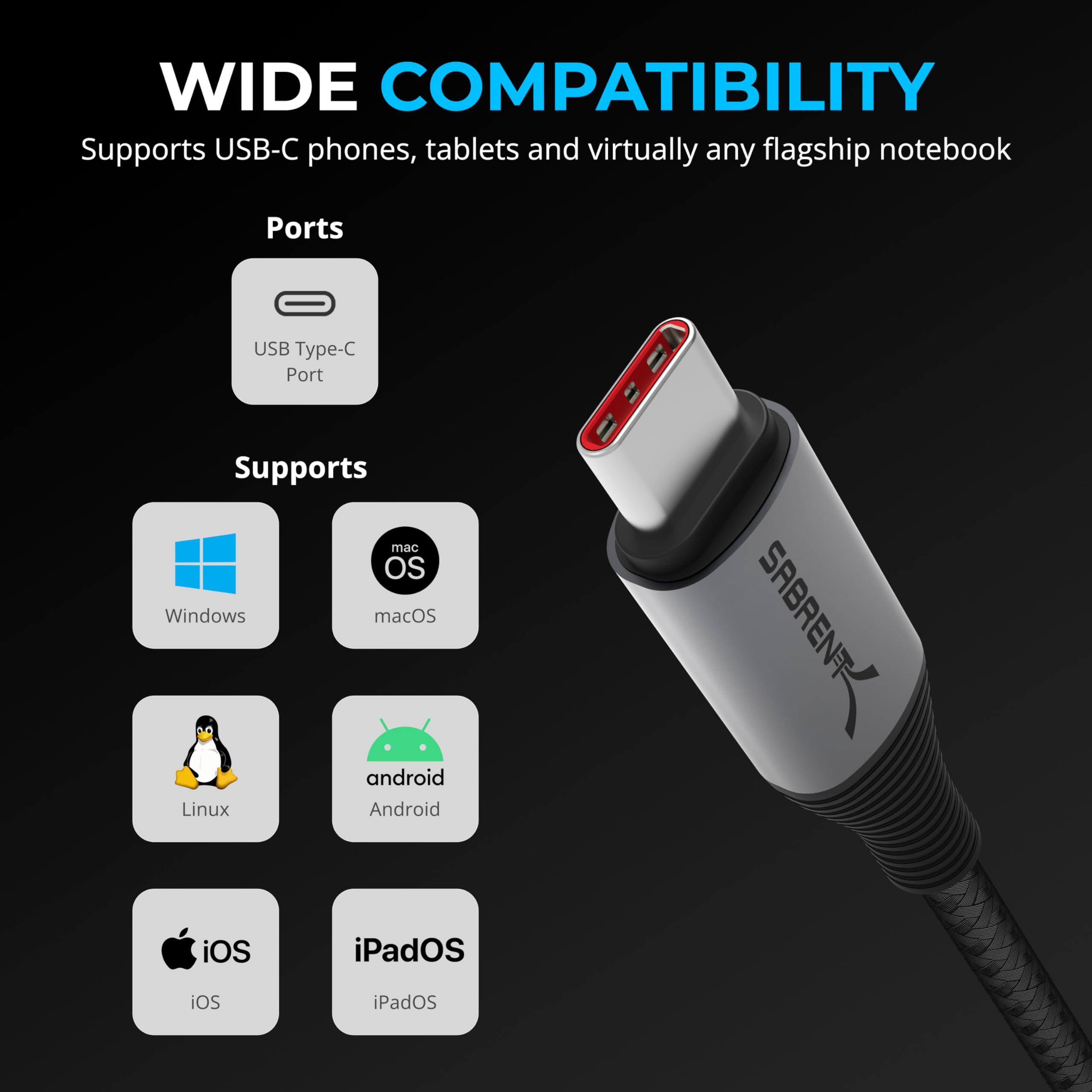 SABRENT USB C to USB C Cable 3.3FT with Smart Display - 100W Fast Charging, 480Mbps Data Transfer, E-Marker Chip - Compatible with MacBook Pro, iPad Pro, Galaxy S23, Pixel 7 - Perfect for Home, Office & Travel Charging Needs