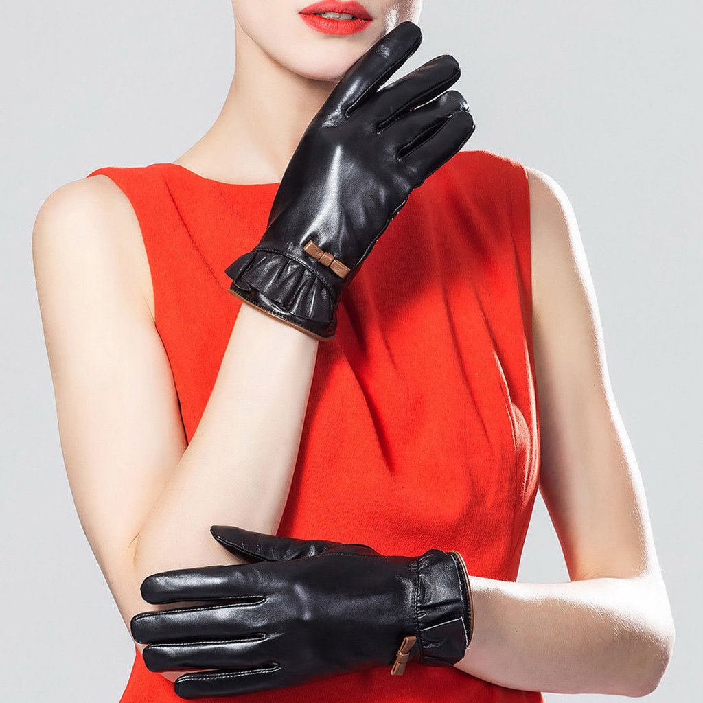 XOMO Women's Winter Warm Genuine Leather Gloves with Bowknot - Soft Touch, Windproof & Thermal Protection for Outdoor Activities, Driving, Skiing & Cold Weather Fashion