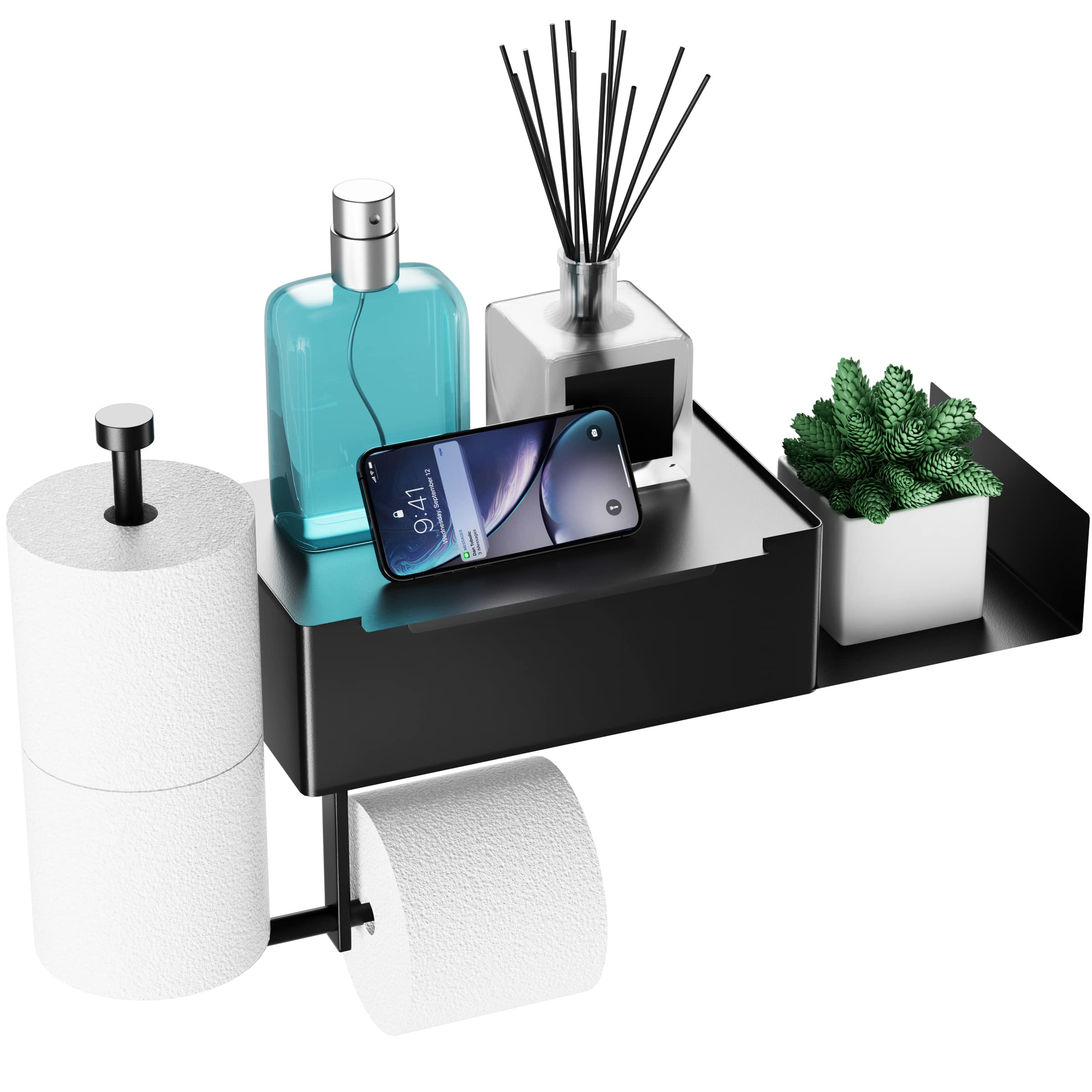 YOEUG Black Wall Mount Toilet Paper Holder with Shelf & Storage - Self Adhesive Bathroom Organizer for Toilet Rolls, Tissues & Essentials - Perfect for Small Bathrooms, RVs & Apartments