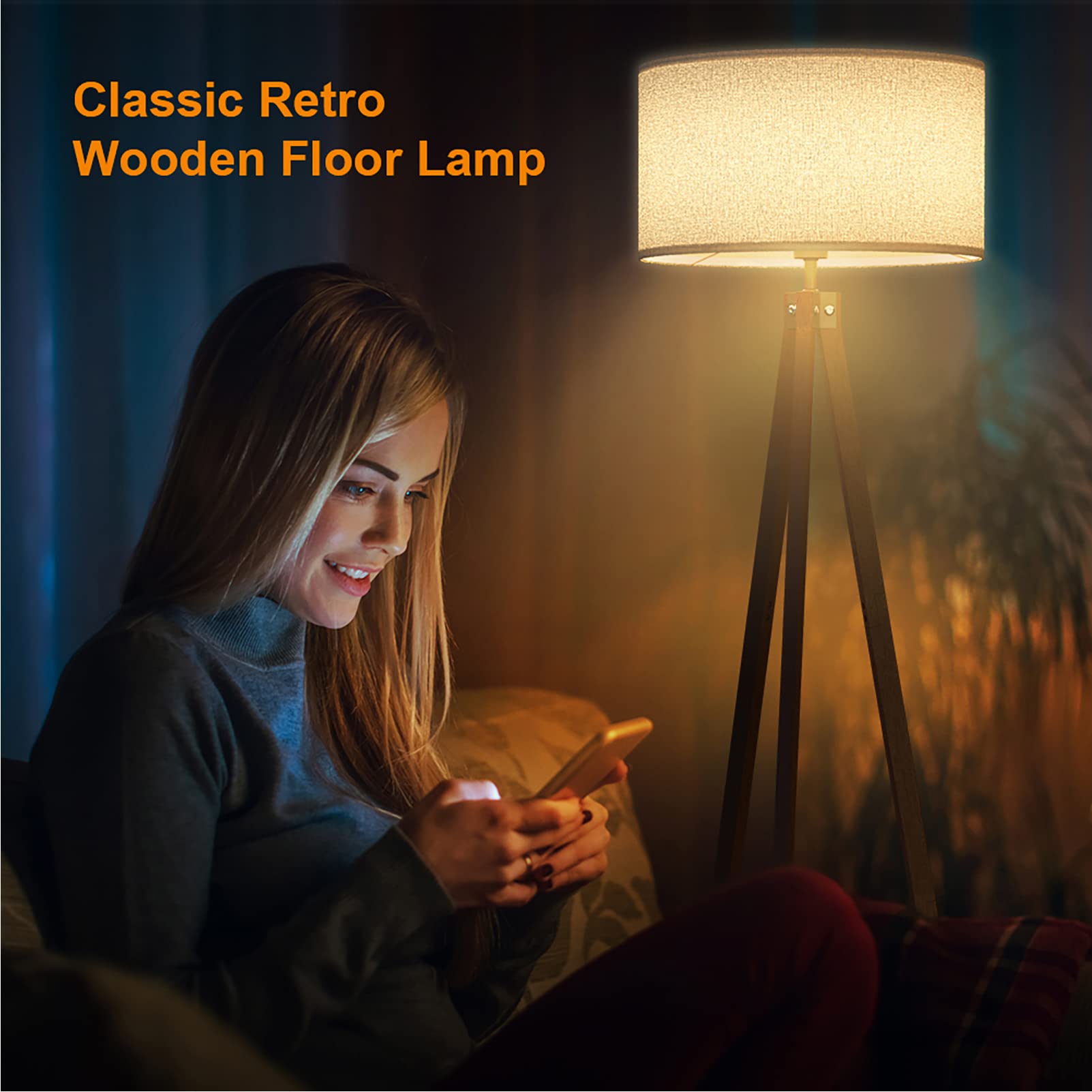 LEPOWER Dark Brown Mid Century Wood Tripod Floor Lamp - Vintage Standing Lamp for Living Room, Bedroom & Office - Set of 2