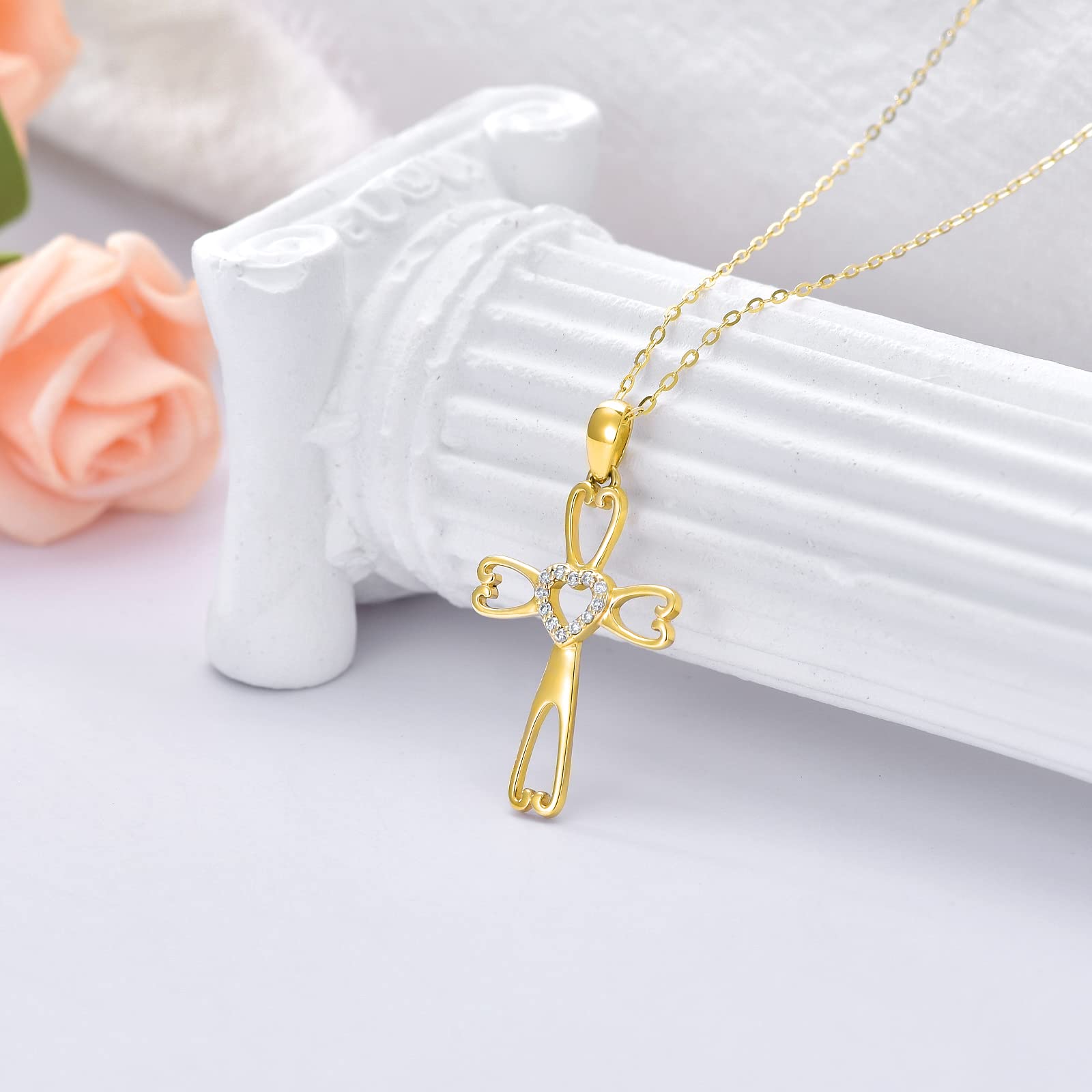 14K Real Gold Cross Necklace for Women - Yellow Gold Faith Pendant Religious Jewelry Gift (16+1+1 Inch) - Perfect for Birthday, Mother's Day, Baptism & Church Occasions