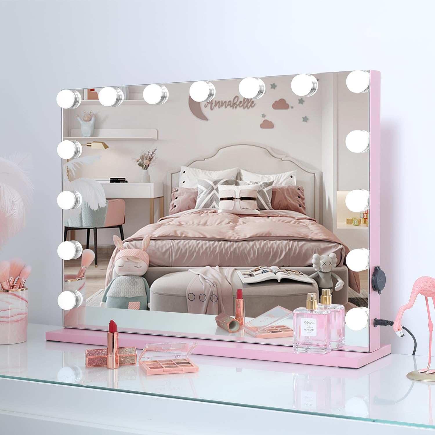Vanity Mirror with Lights - 3 Color Modes Hollywood Makeup Mirror with USB Charging & Touch Screen, Large Dressing Table Mirror for Bedroom, Bathroom & Salon (Pink) - Perfect for Makeup Application, Skincare Routine & Hair Styling