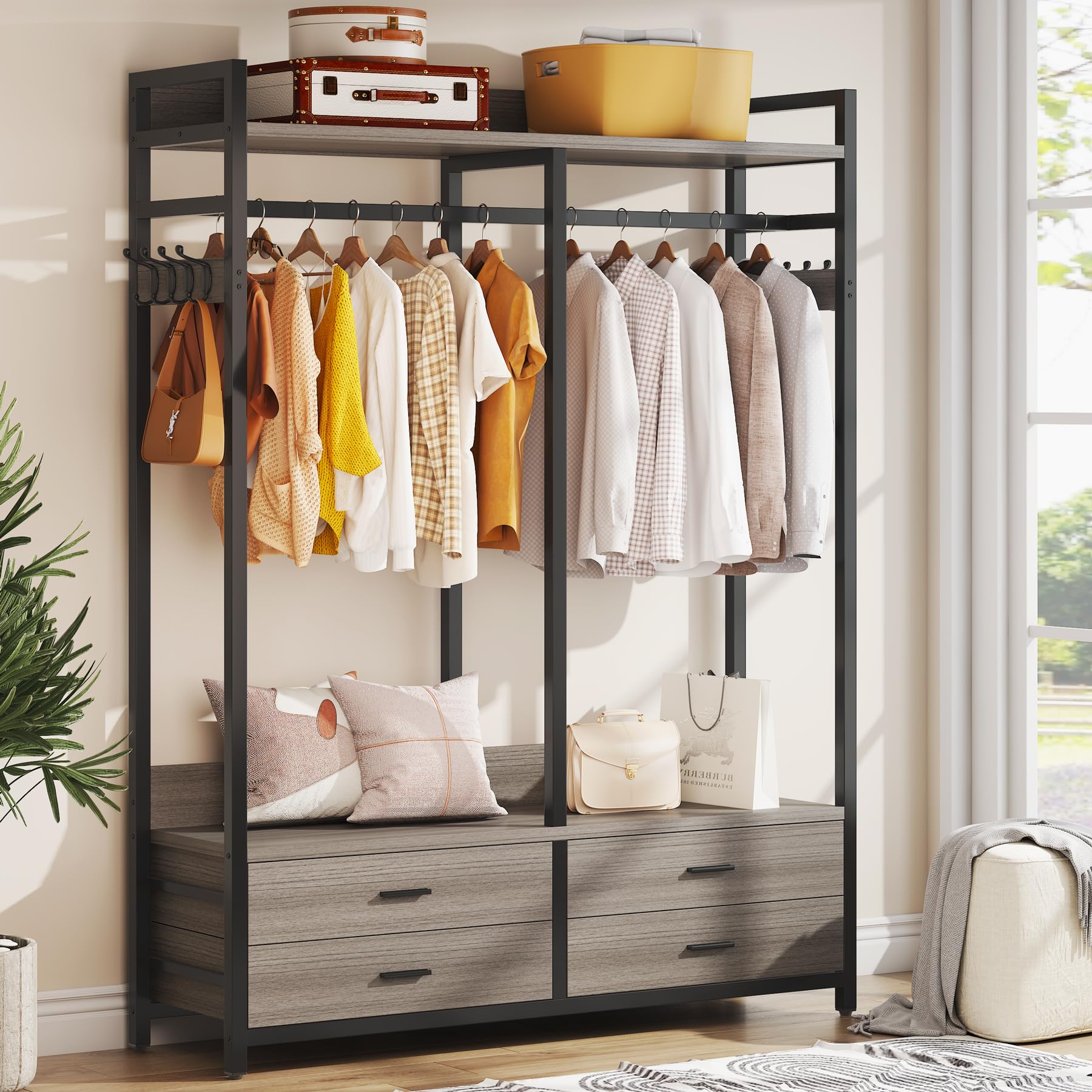 Tribesigns Heavy Duty Freestanding Closet Organizer - 4 Drawers, 8 Hooks & Storage Shelves Garment Rack for Hanging Clothes | Wardrobe Storage Solution for Bedroom, Living Room & Walk-In Closets | Space-Saving Grey Clothing Rack for Home Organization