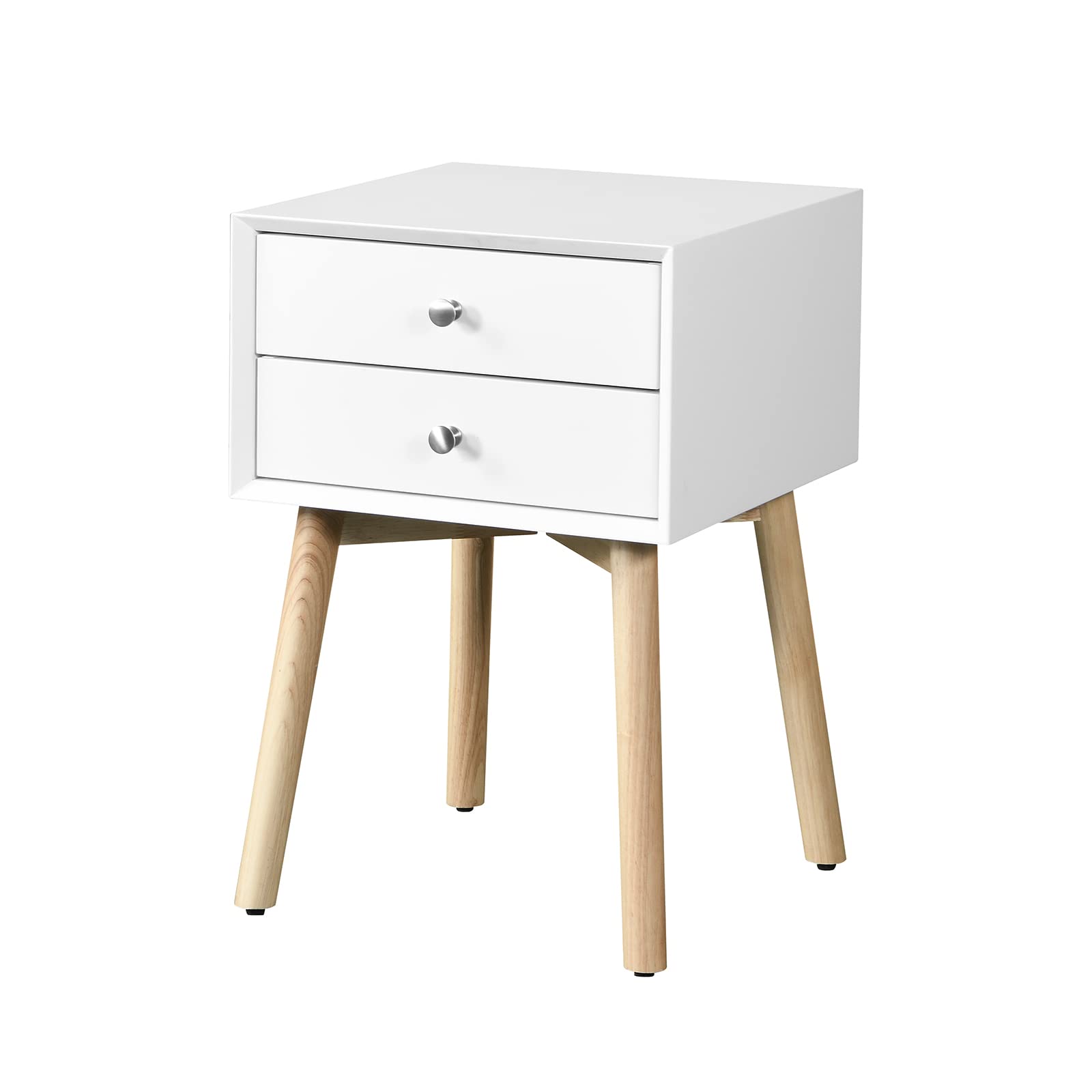 Mid-Century Modern Nightstand with 2 Drawers & Rubber Wood Legs - White Storage End Table for Bedroom, Living Room | Perfect for Small Spaces, Apartment Furniture (Set of 1)