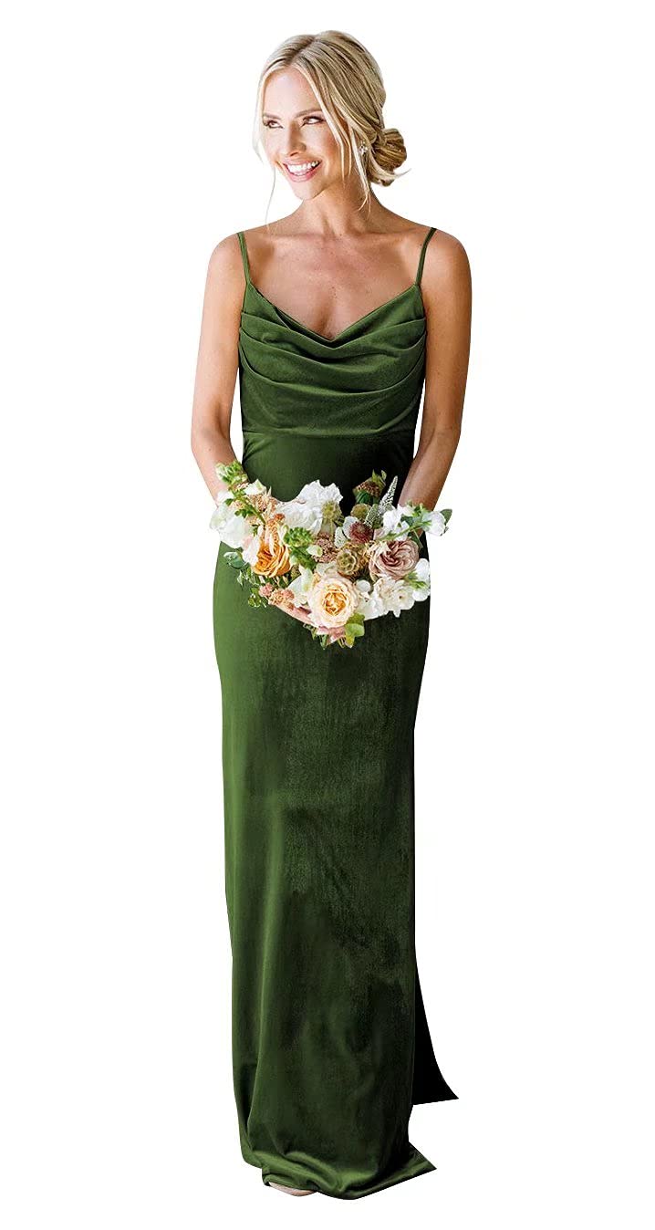 Elegant Women's Velvet Bridesmaid Dresses - Long Formal Gown with High Slit, Spaghetti Straps & Cowl Neck | Perfect for Weddings, Evening Parties & Special Occasions