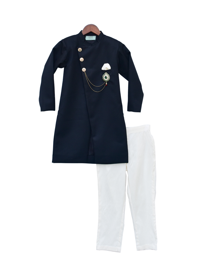Pre Order: Dark Blue Ajkan with Pant & Stone Broach - Elegant Traditional Outfit for Weddings, Parties & Special Occasions