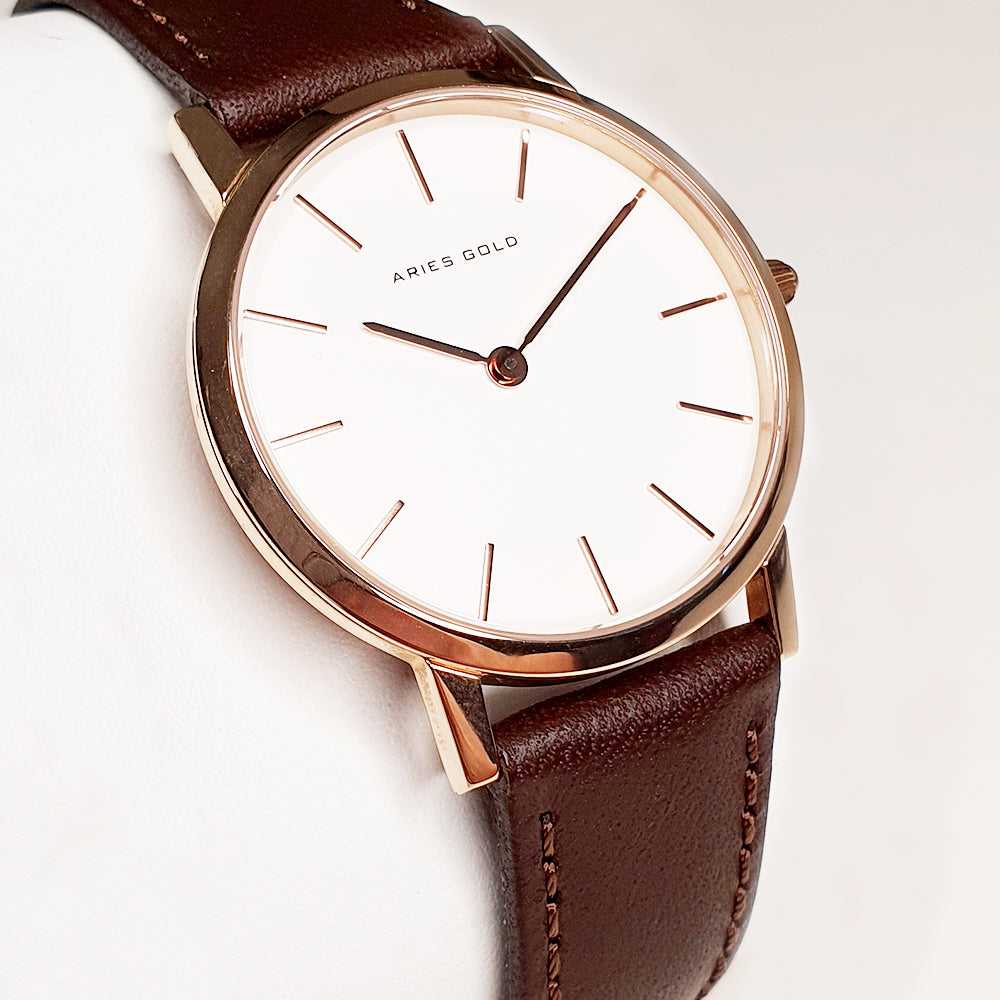Aries Gold Urban Santos Rose Gold Stainless Steel Women's Watch with Brown Leather Strap - Elegant Timepiece for Casual, Office & Special Occasions