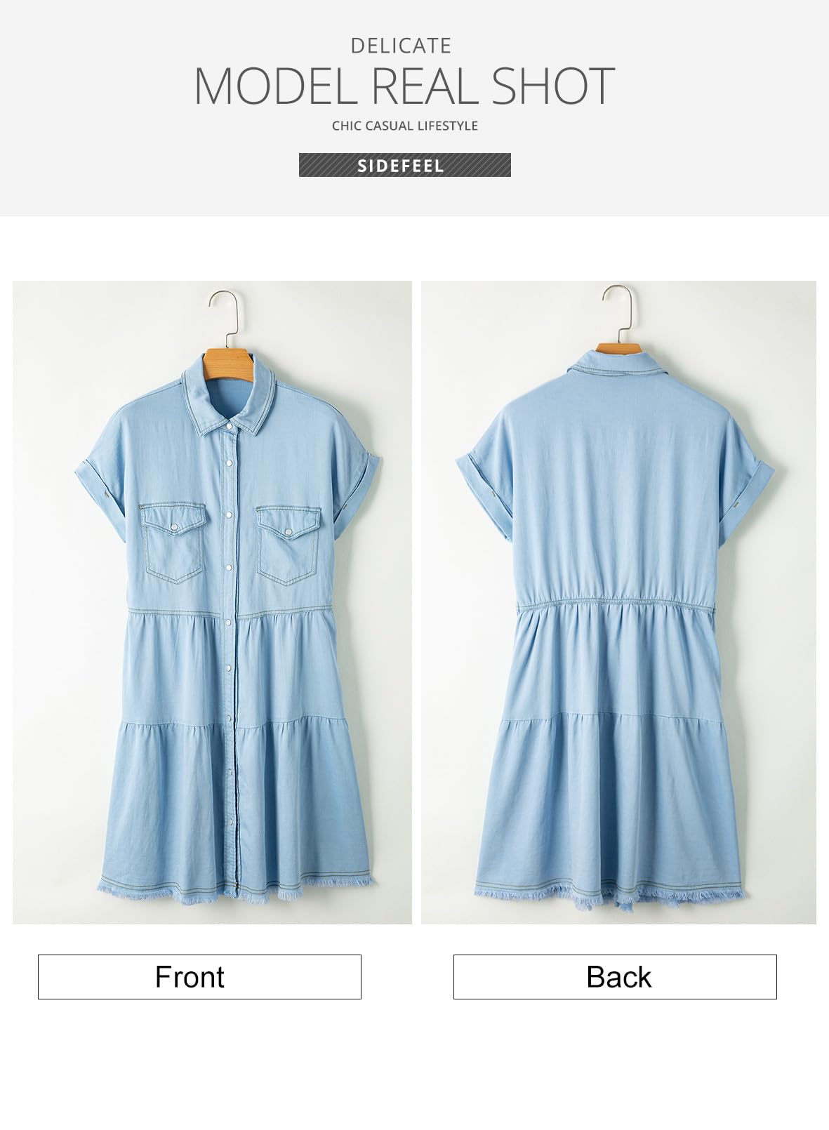 Sidefeel Women's 2024 Fashion Denim Dress with Frayed Hem, Button Front & Pockets - Short Sleeve Casual Jean Dress for Summer Outfits, Streetwear & Boho Style