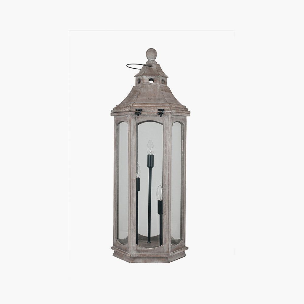Vintage Wooden Lantern Table Lamp - Antique Grey & White Wash Finish for Farmhouse, Rustic, or Coastal Home Decor - Perfect for Living Room, Bedroom, or Patio Lighting