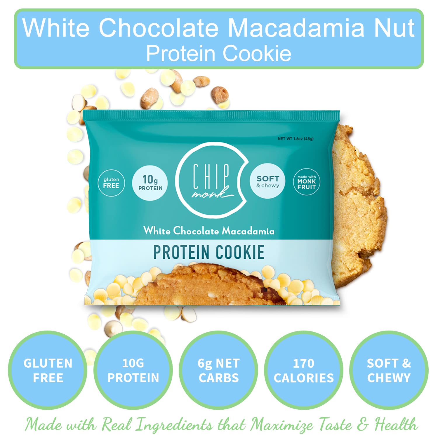 ChipMonk Protein Cookies - White Chocolate Macadamia (6 Pack) | 10g Protein, Low Carb, Gluten Free, Keto Friendly | High Protein Snacks for Gym, Workout Recovery & Healthy Meal Replacement | Perfect for Weight Loss, Fitness Enthusiasts & On-the-Go Nutrition